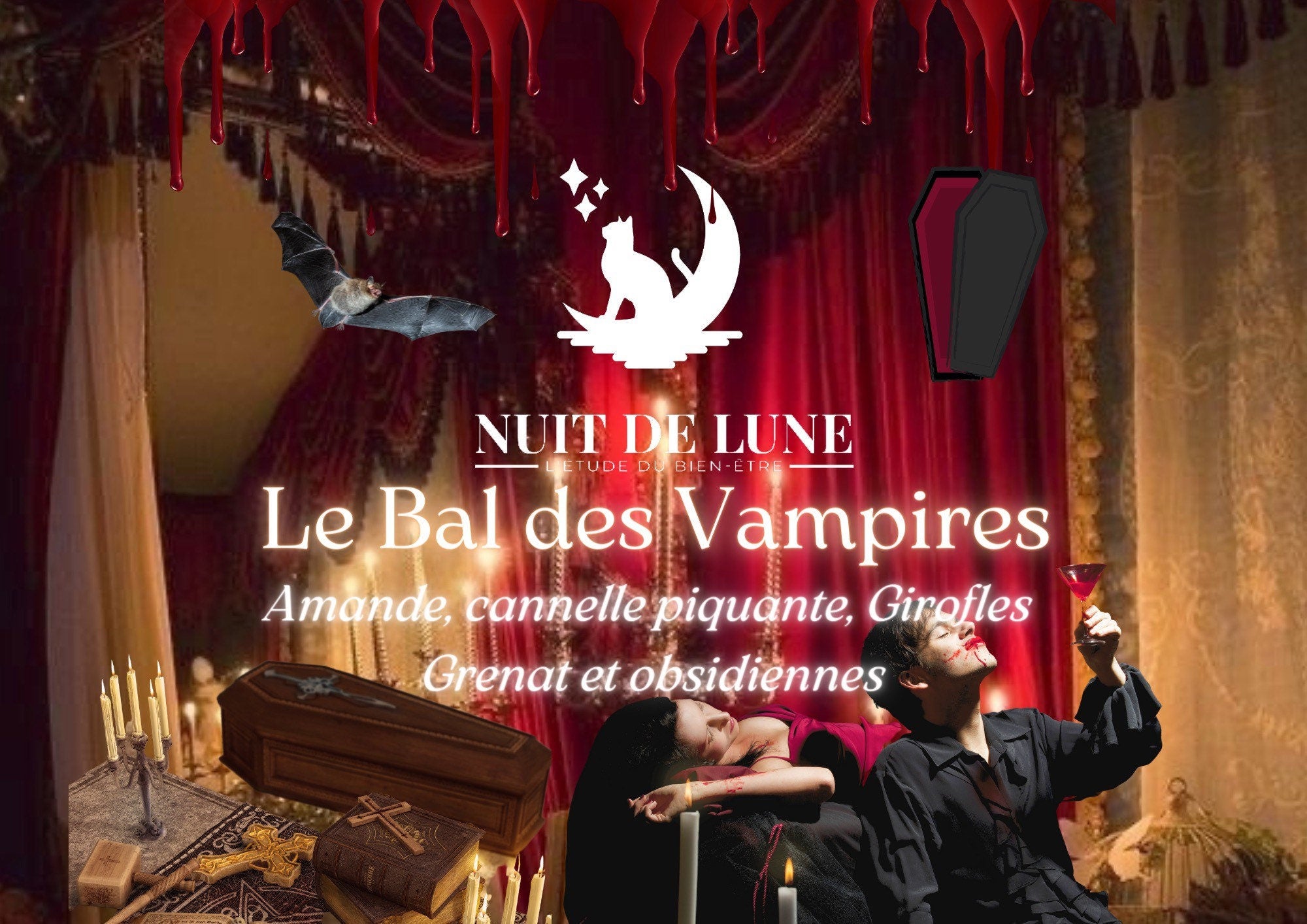 Bougie de luxe artisanale parfumée aux cristaux NUIT DE LUNE Le Bal des Halloween Vampires Amandes, Cannelle,Girofles, grenat & Obsidienne
