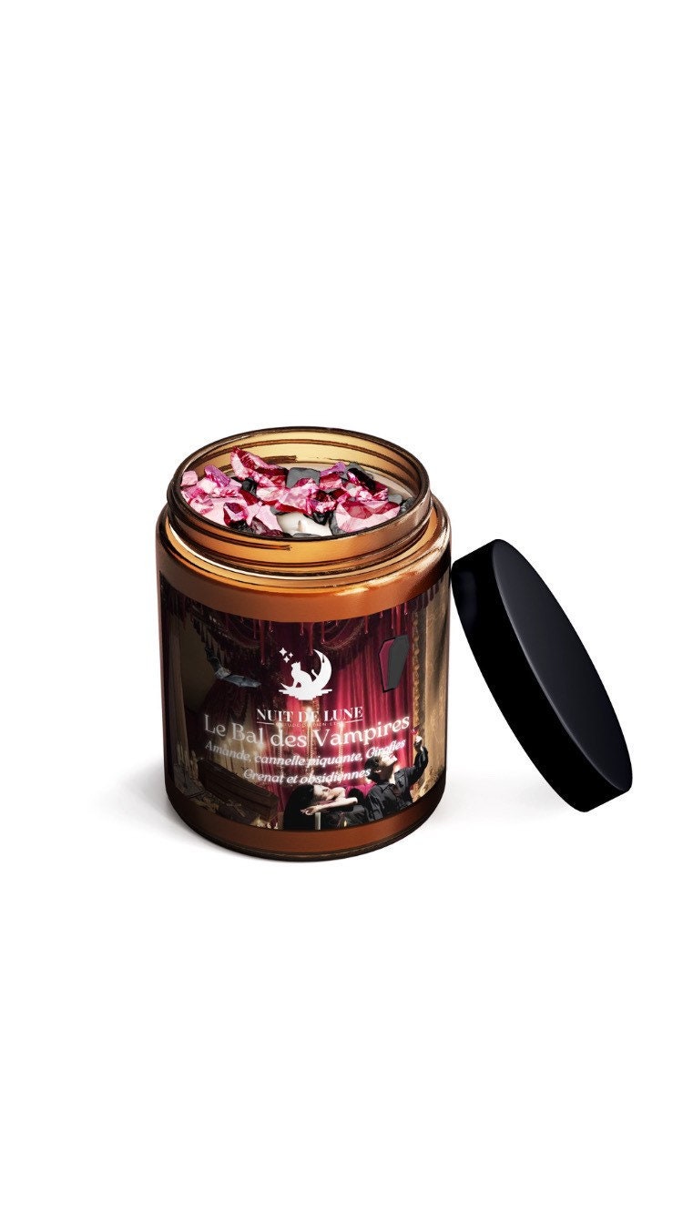 Bougie de luxe artisanale parfumée aux cristaux NUIT DE LUNE Le Bal des Halloween Vampires Amandes, Cannelle,Girofles, grenat & Obsidienne