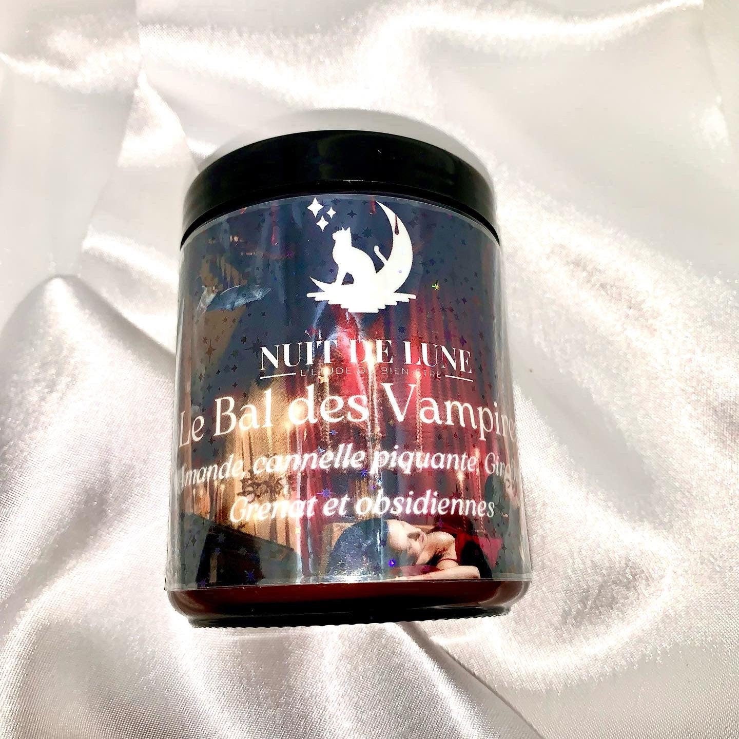Bougie de luxe artisanale parfumée aux cristaux NUIT DE LUNE Le Bal des Halloween Vampires Amandes, Cannelle,Girofles, grenat & Obsidienne