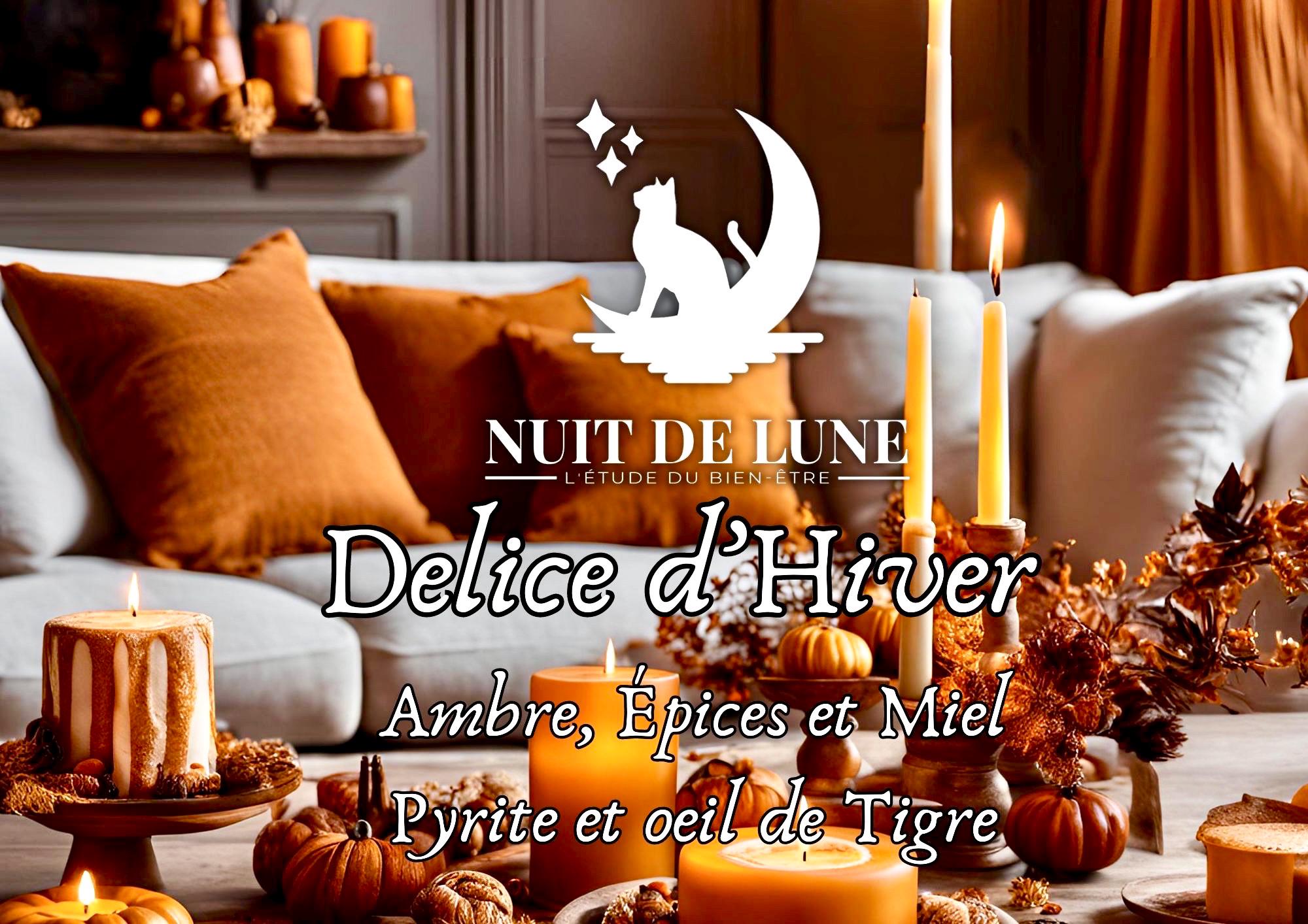 Bougie de luxe artisanale parfumée aux cristaux Noël DELICE D’HIVER Ambre, épices, cannelle orange, Miel Pyrite et Oeil de tigre