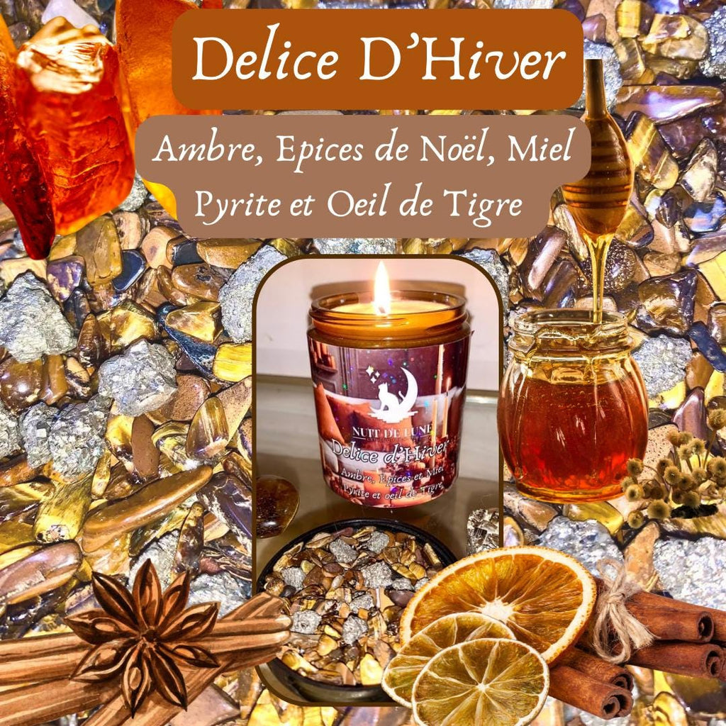 Bougie de luxe artisanale parfumée aux cristaux Noël DELICE D’HIVER Ambre, épices, cannelle orange, Miel Pyrite et Oeil de tigre