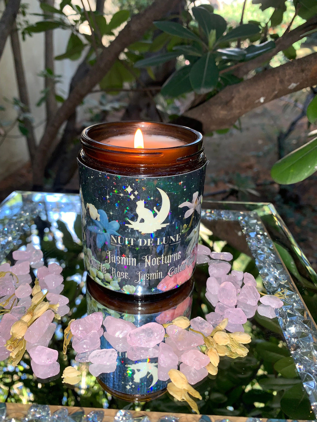 Bougie de luxe artisanale parfumée aux cristaux  Nuit de Lune JASMIN NOCTURNE - jasmin, fleur de coton, quartz rose et jasmin séché