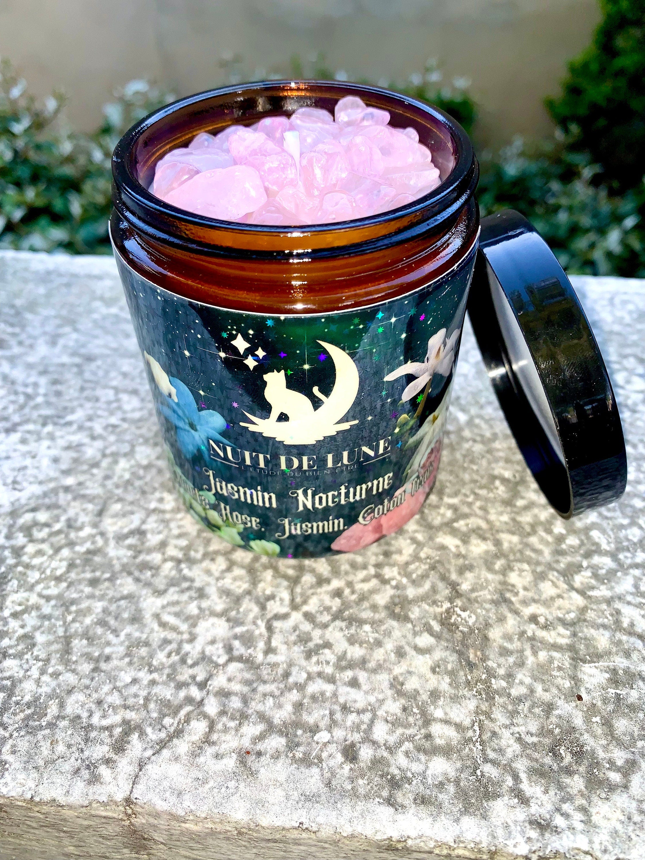 Bougie de luxe artisanale parfumée aux cristaux  Nuit de Lune JASMIN NOCTURNE - jasmin, fleur de coton, quartz rose et jasmin séché