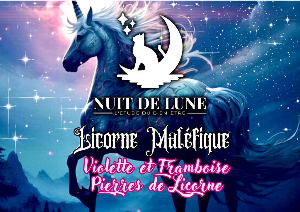 Bougie de luxe artisanale parfumée aux cristaux Nuit de Lune LICORNE MALÉFIQUE Violette et Framboise, fruits rouges Pierres de licorne