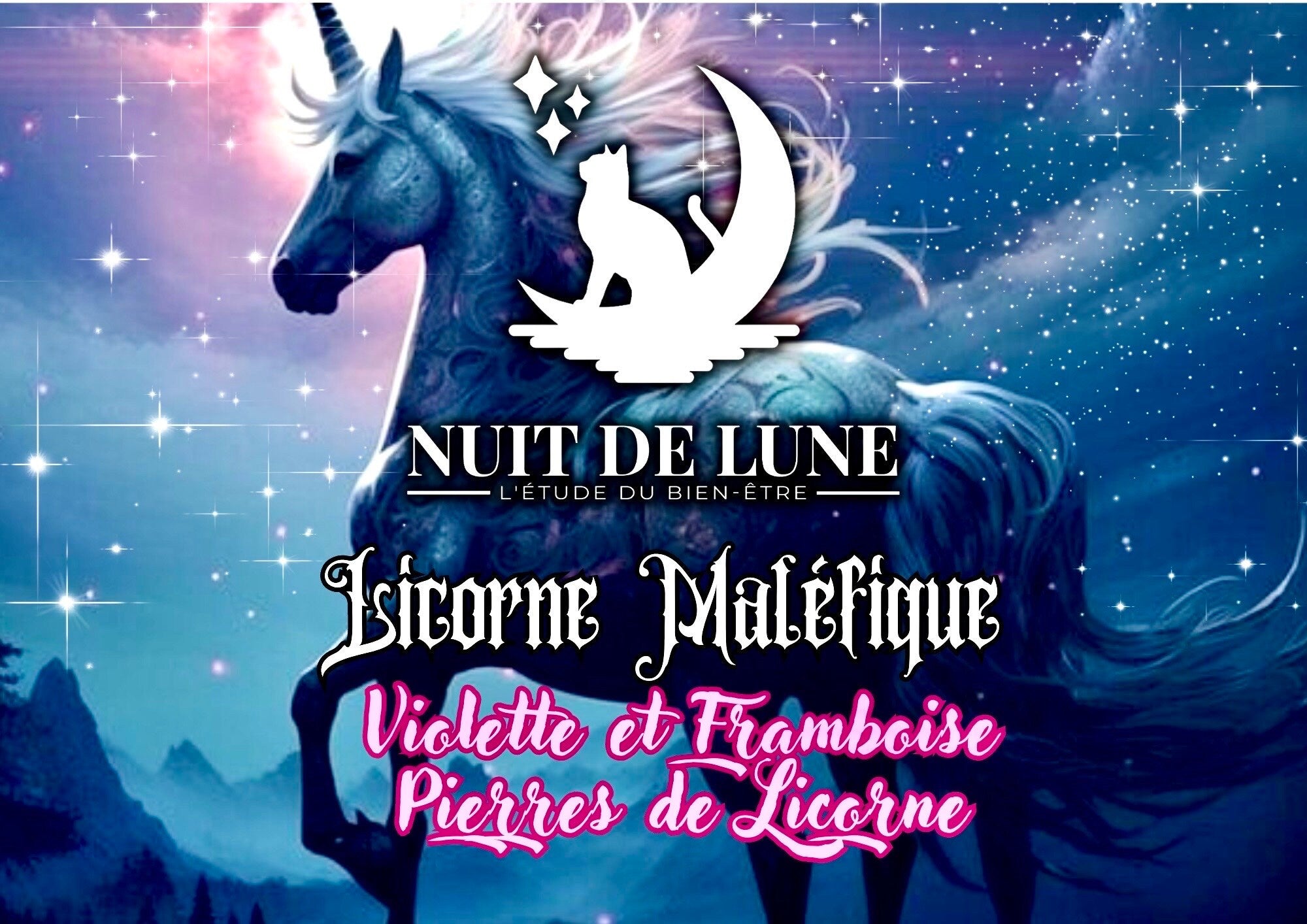 Bougie de luxe artisanale parfumée aux cristaux Nuit de Lune LICORNE MALÉFIQUE Violette et Framboise, fruits rouges Pierres de licorne