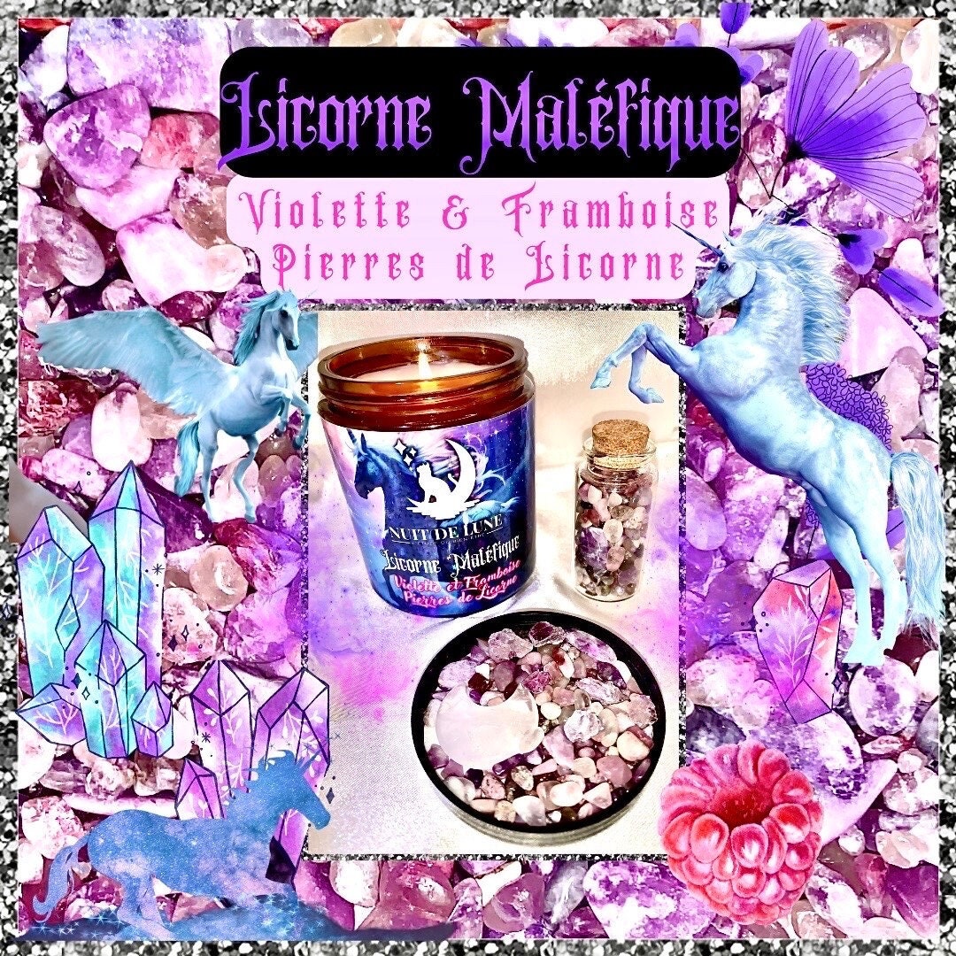Bougie de luxe artisanale parfumée aux cristaux Nuit de Lune LICORNE MALÉFIQUE Violette et Framboise, fruits rouges Pierres de licorne
