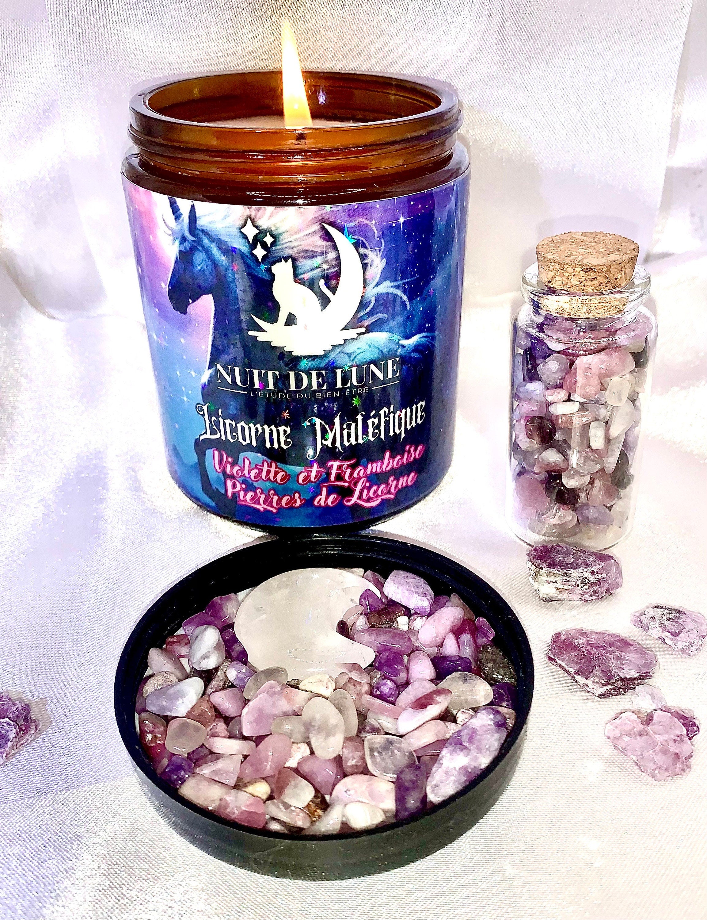 Bougie de luxe artisanale parfumée aux cristaux Nuit de Lune LICORNE MALÉFIQUE Violette et Framboise, fruits rouges Pierres de licorne
