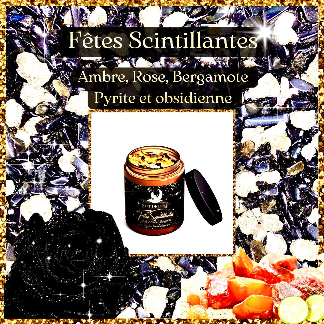 Bougie de luxe artisanale parfumée aux cristaux Reveillon Nuit de Lune FÊTES SCINTILLANTES Ambre, Rose, bergamote, Pyrite et obsidienne