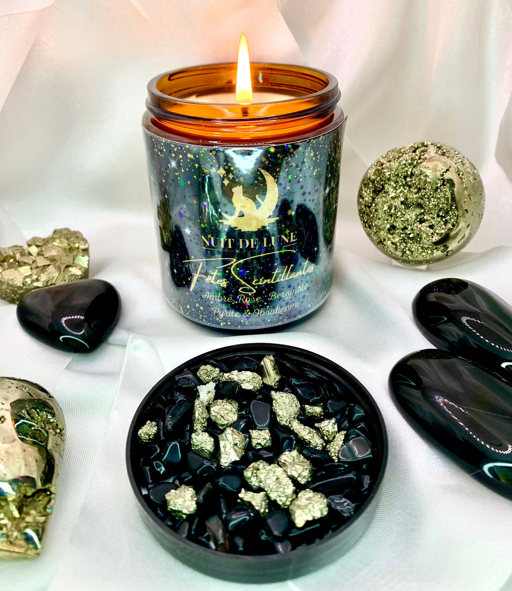 Bougie de luxe artisanale parfumée aux cristaux Reveillon Nuit de Lune FÊTES SCINTILLANTES Ambre, Rose, bergamote, Pyrite et obsidienne