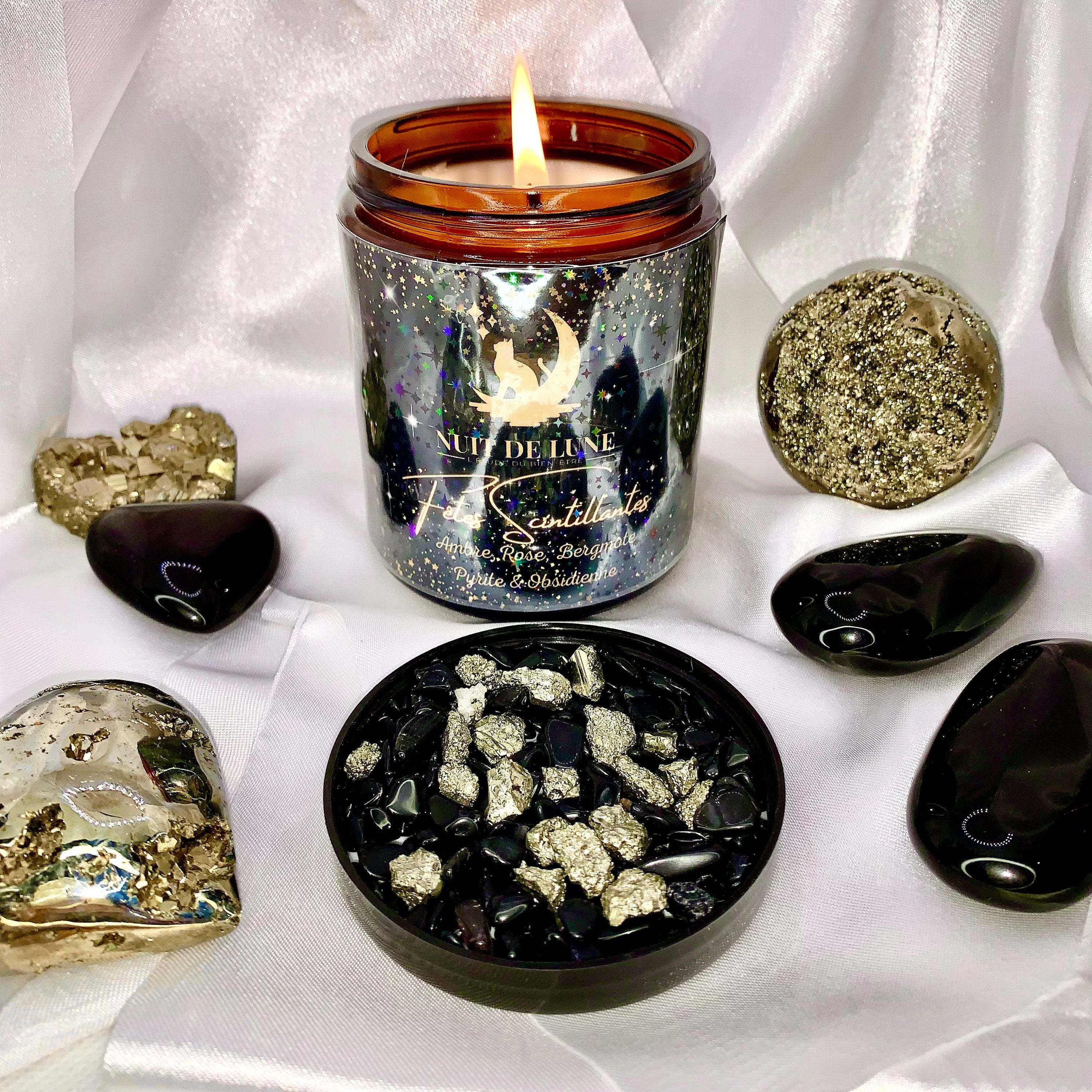 Bougie de luxe artisanale parfumée aux cristaux Reveillon Nuit de Lune FÊTES SCINTILLANTES Ambre, Rose, bergamote, Pyrite et obsidienne