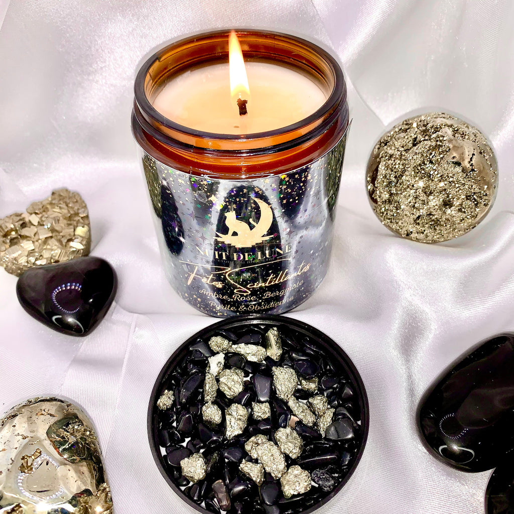 Bougie de luxe artisanale parfumée aux cristaux Reveillon Nuit de Lune FÊTES SCINTILLANTES Ambre, Rose, bergamote, Pyrite et obsidienne