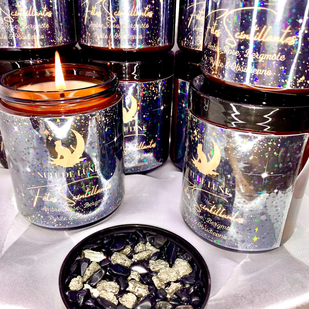 Bougie de luxe artisanale parfumée aux cristaux Reveillon Nuit de Lune FÊTES SCINTILLANTES Ambre, Rose, bergamote, Pyrite et obsidienne