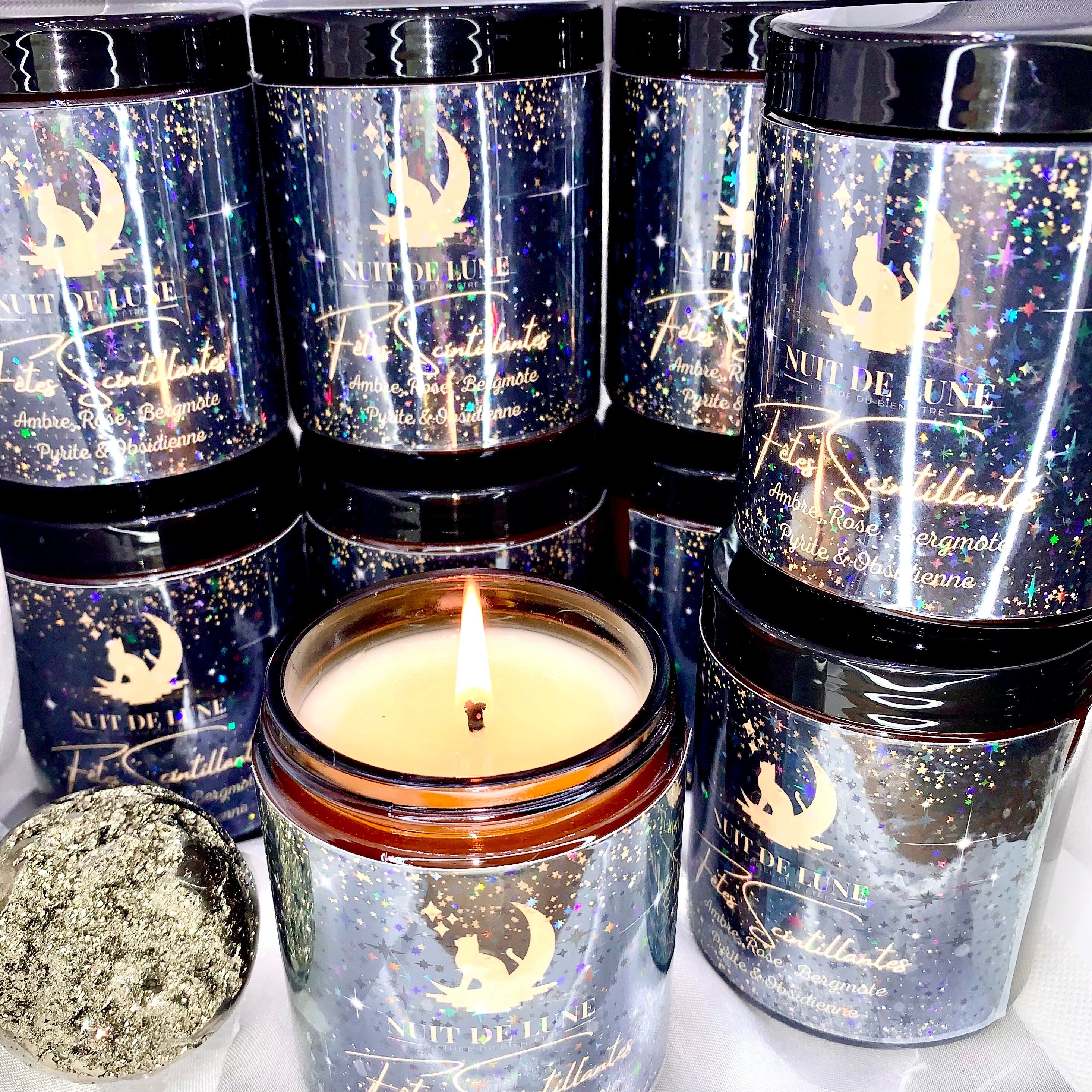 Bougie de luxe artisanale parfumée aux cristaux Reveillon Nuit de Lune FÊTES SCINTILLANTES Ambre, Rose, bergamote, Pyrite et obsidienne