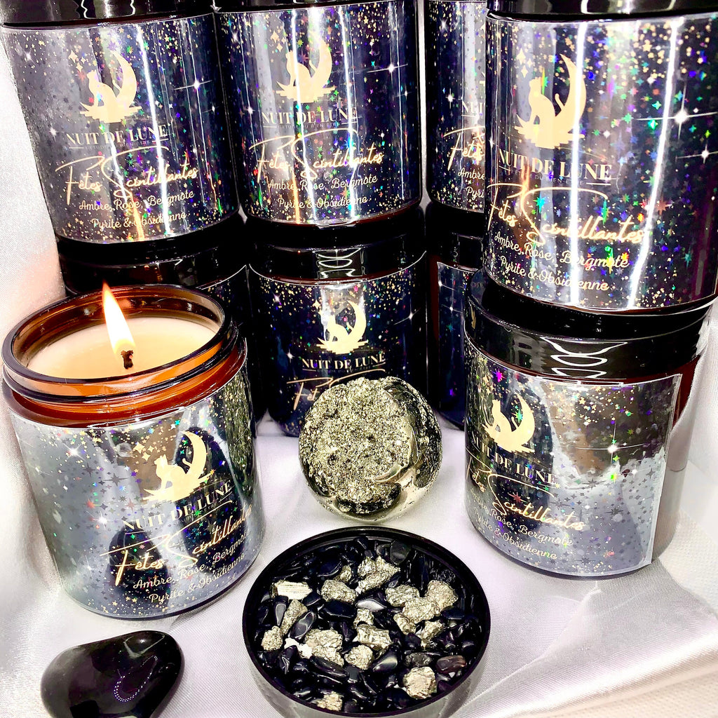 Bougie de luxe artisanale parfumée aux cristaux Reveillon Nuit de Lune FÊTES SCINTILLANTES Ambre, Rose, bergamote, Pyrite et obsidienne