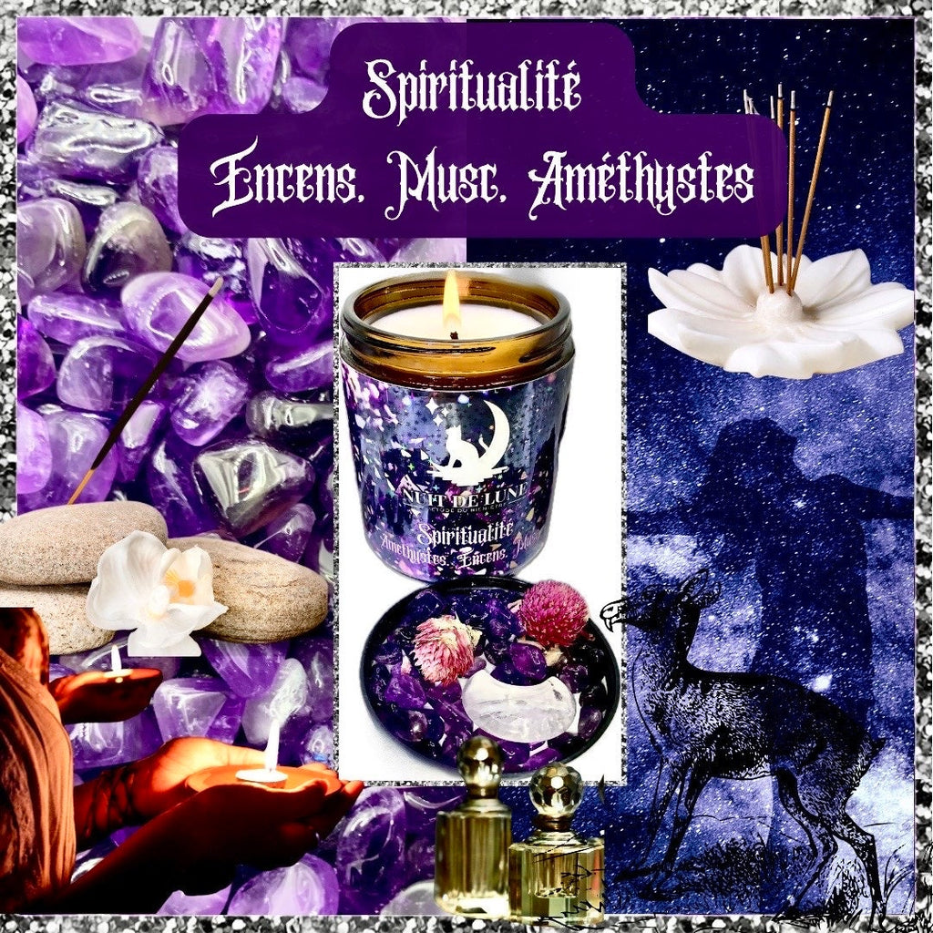 Bougie de luxe artisanale parfumée aux cristaux de méditation Nuit de Lune SPIRITUALITE, Encens et Musc, Améthystes et fleurs de gomphrena