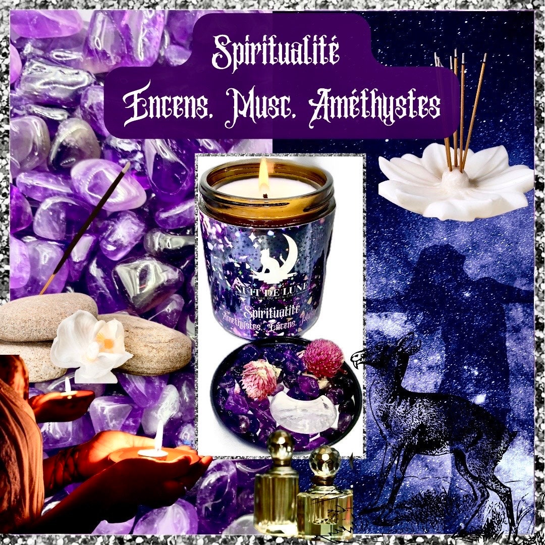 Bougie de luxe artisanale parfumée aux cristaux de méditation Nuit de Lune SPIRITUALITE, Encens et Musc, Améthystes et fleurs de gomphrena