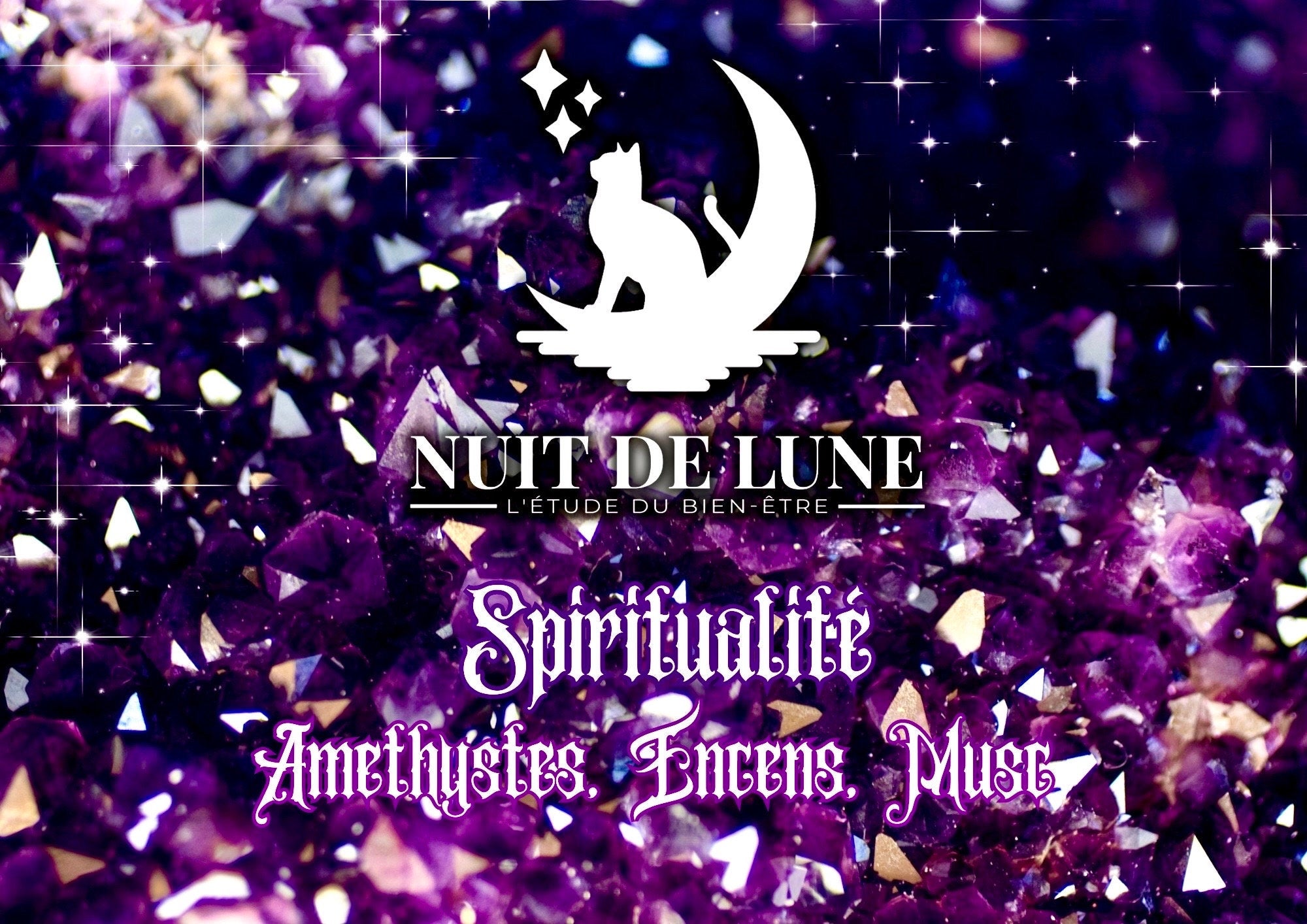 Bougie de luxe artisanale parfumée aux cristaux de méditation Nuit de Lune SPIRITUALITE, Encens et Musc, Améthystes et fleurs de gomphrena