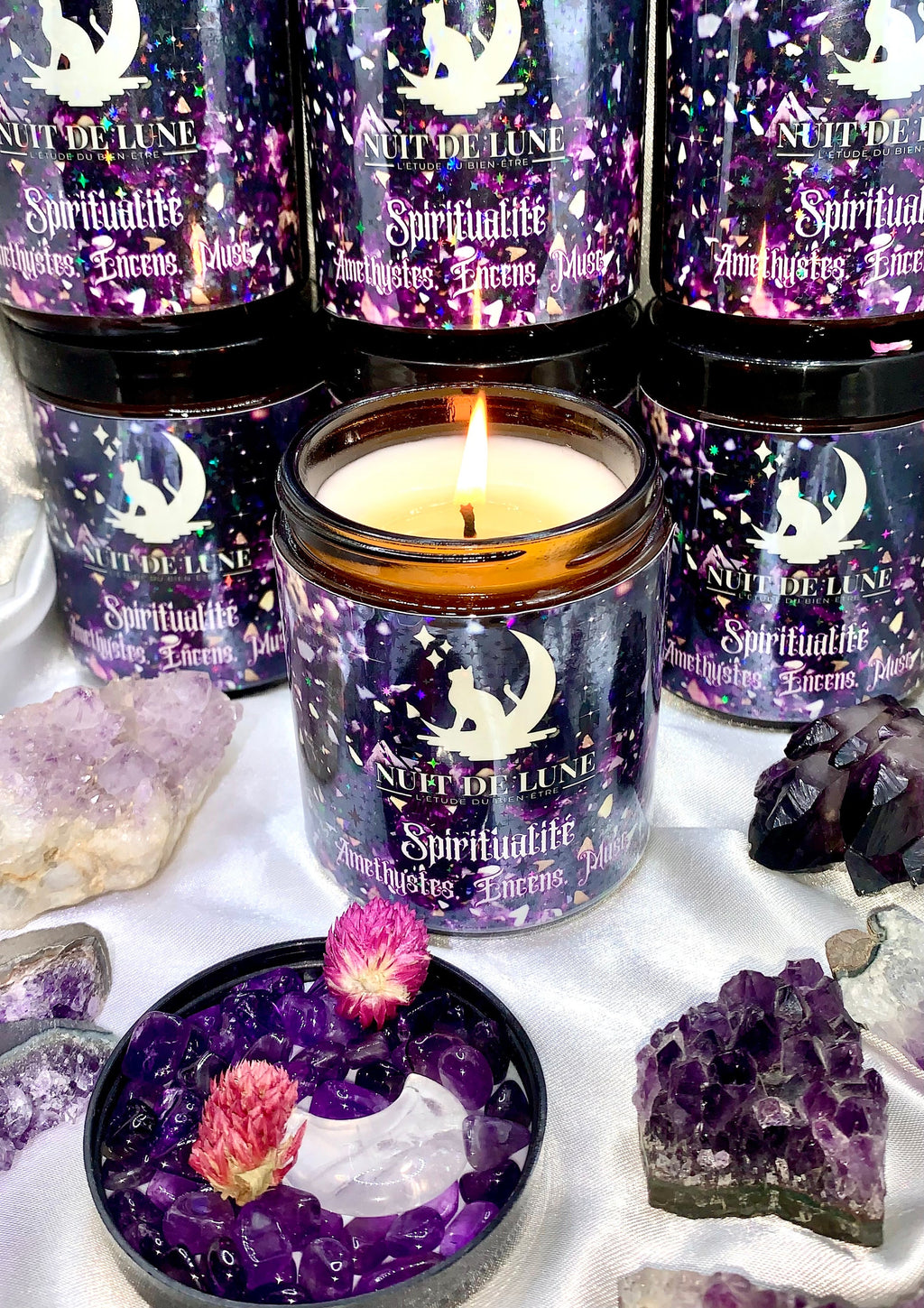 Bougie de luxe artisanale parfumée aux cristaux de méditation Nuit de Lune SPIRITUALITE, Encens et Musc, Améthystes et fleurs de gomphrena