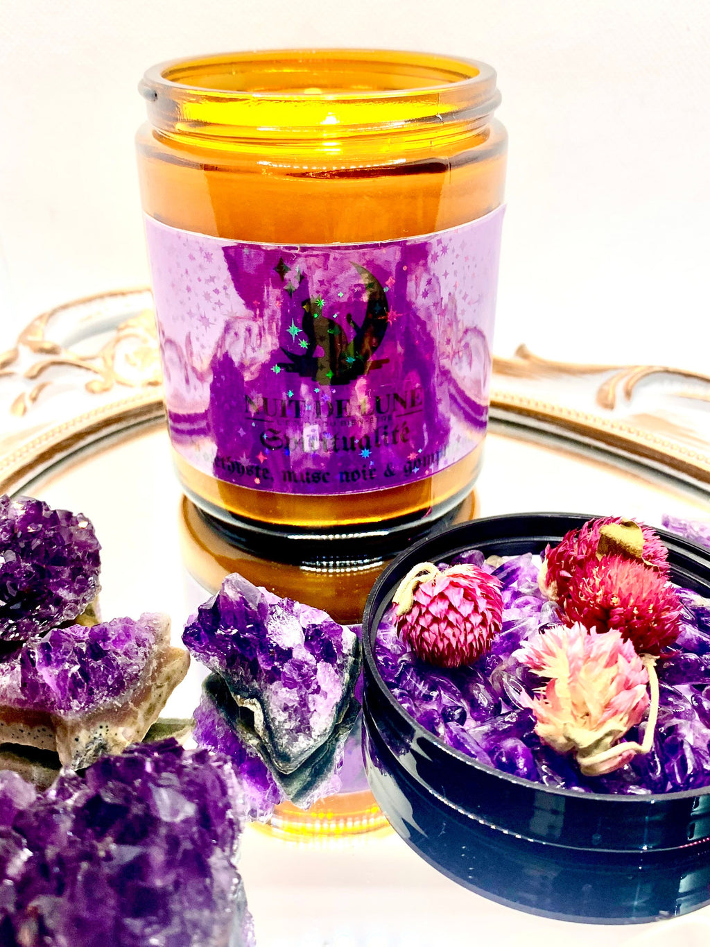 Bougie de luxe artisanale parfumée aux cristaux de méditation Nuit de Lune SPIRITUALITE, Encens et Musc, Améthystes et fleurs de gomphrena