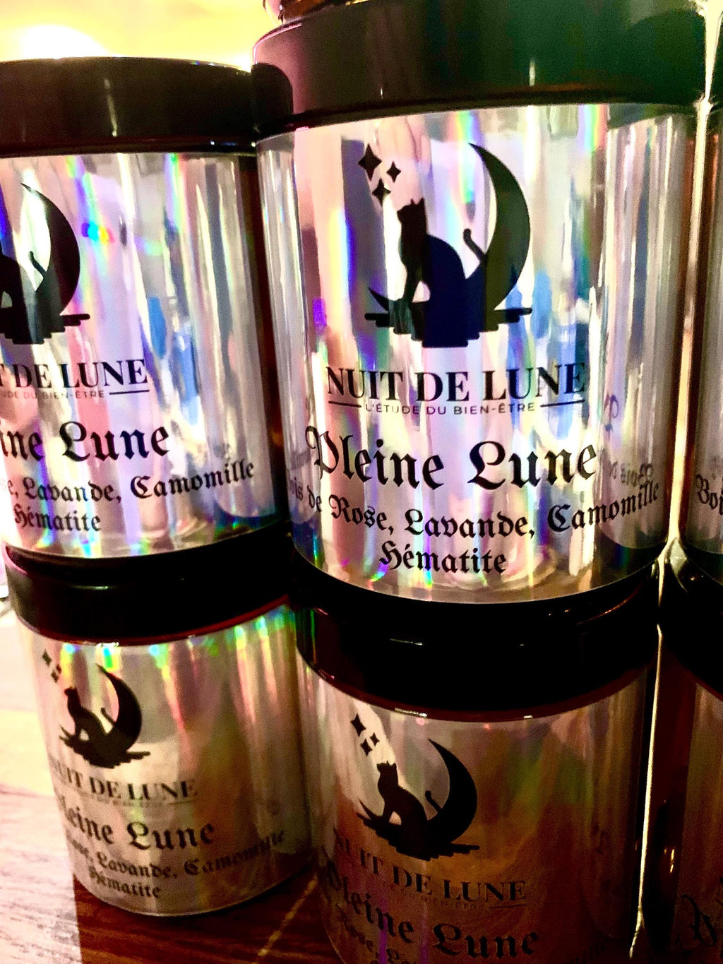 Bougie de luxe artisanale parfumée relaxante aux cristaux PLEINE LUNE Lavande, Bois de Rose, Camomille, Hématite