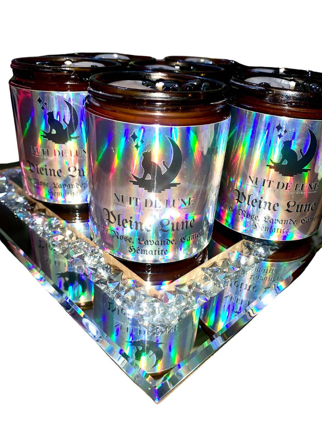 Bougie de luxe artisanale parfumée relaxante aux cristaux PLEINE LUNE Lavande, Bois de Rose, Camomille, Hématite