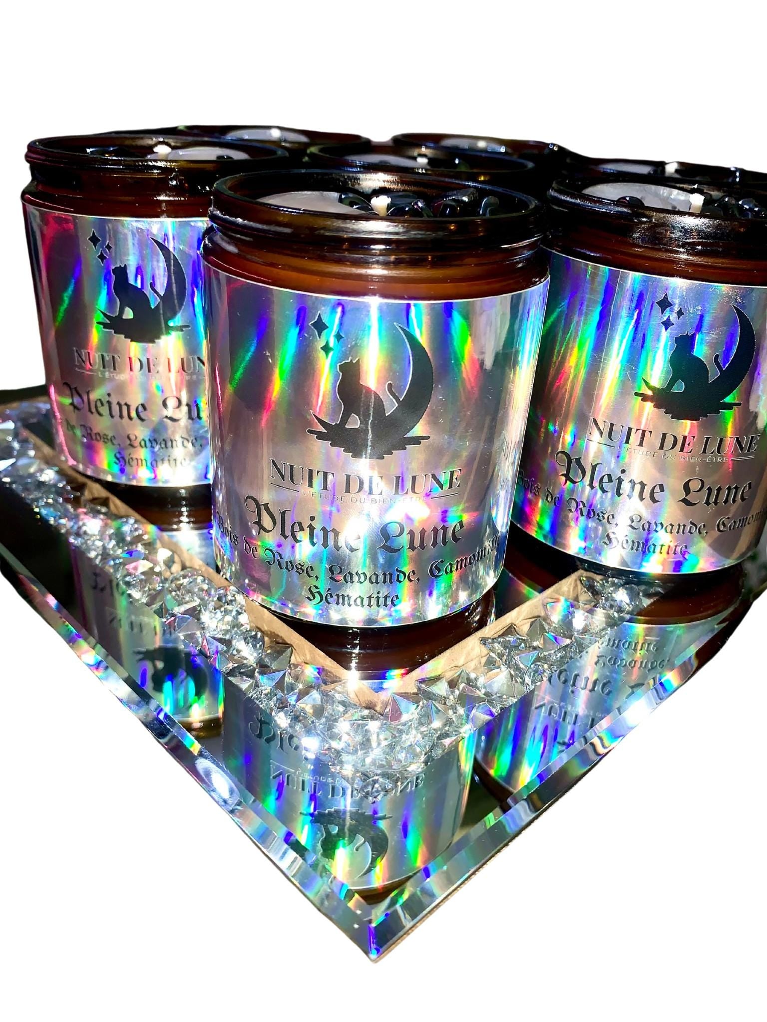 Bougie de luxe artisanale parfumée relaxante aux cristaux PLEINE LUNE Lavande, Bois de Rose, Camomille, Hématite