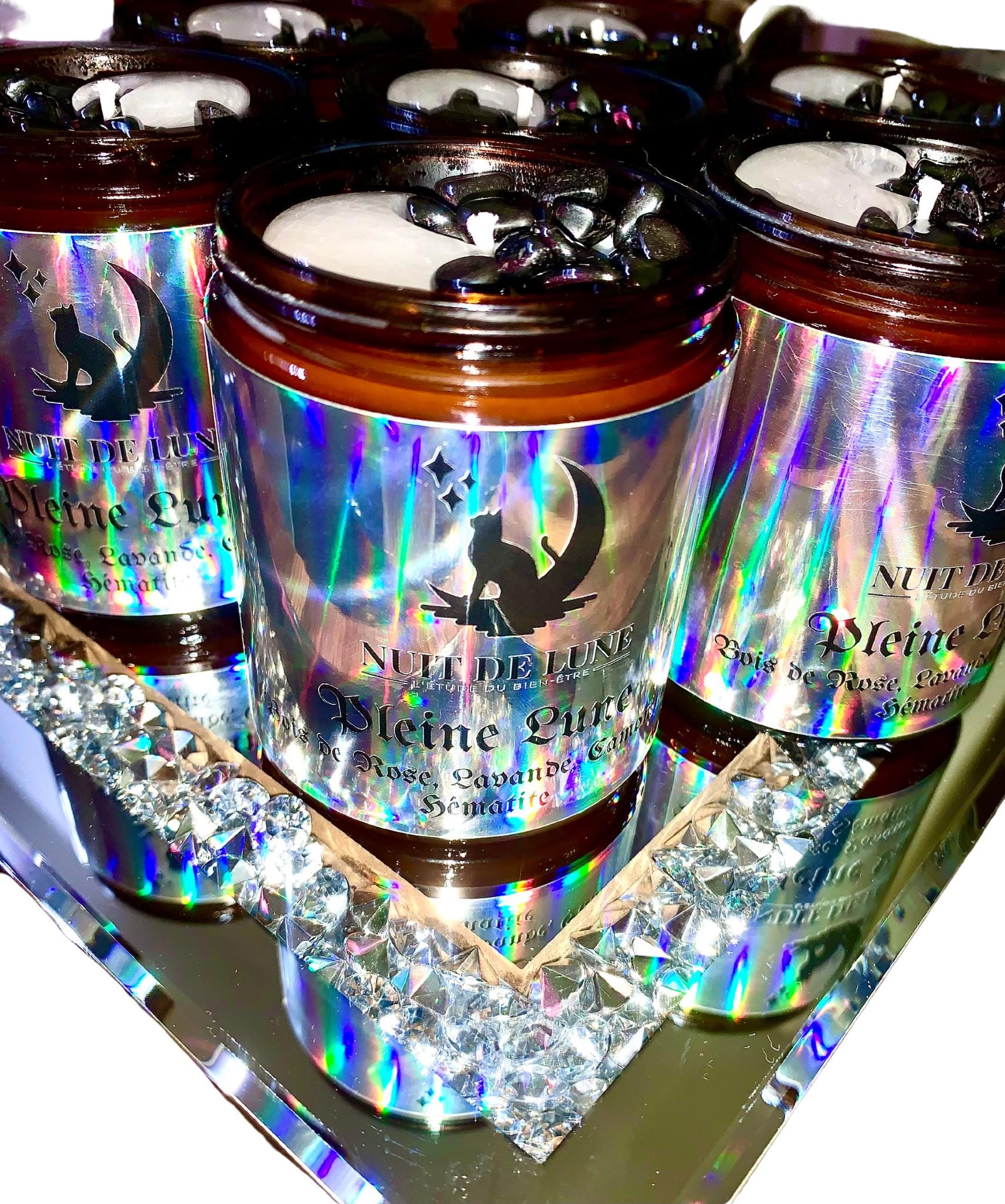 Bougie de luxe artisanale parfumée relaxante aux cristaux PLEINE LUNE Lavande, Bois de Rose, Camomille, Hématite