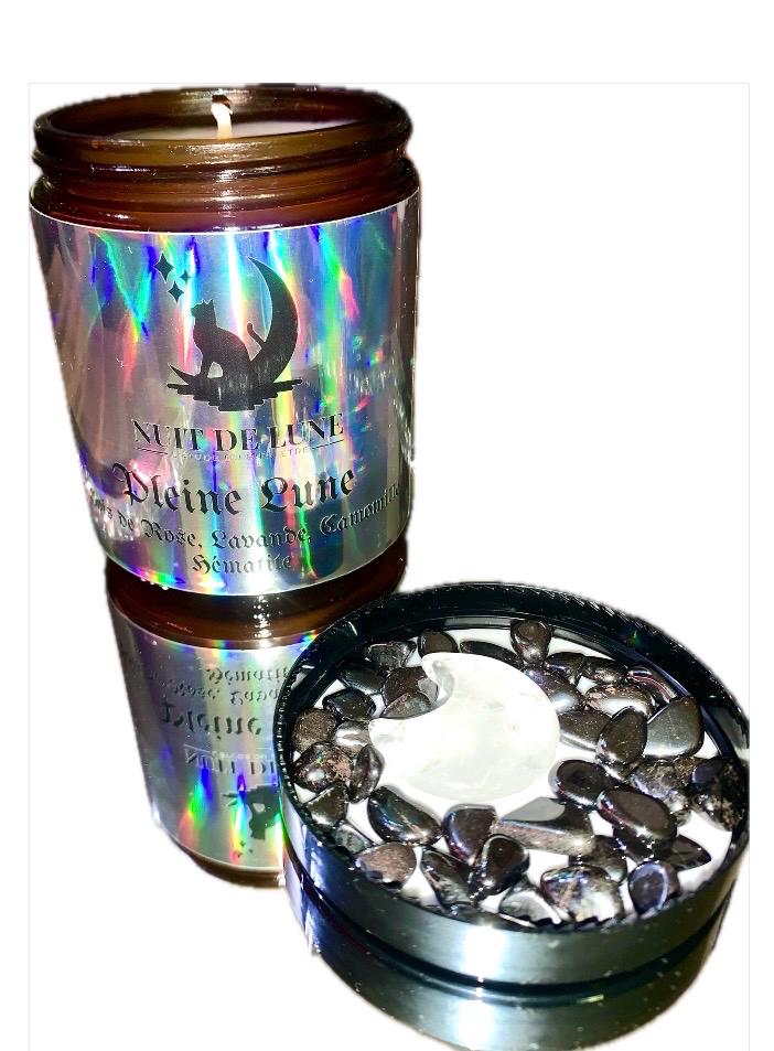 Bougie de luxe artisanale parfumée relaxante aux cristaux PLEINE LUNE Lavande, Bois de Rose, Camomille, Hématite