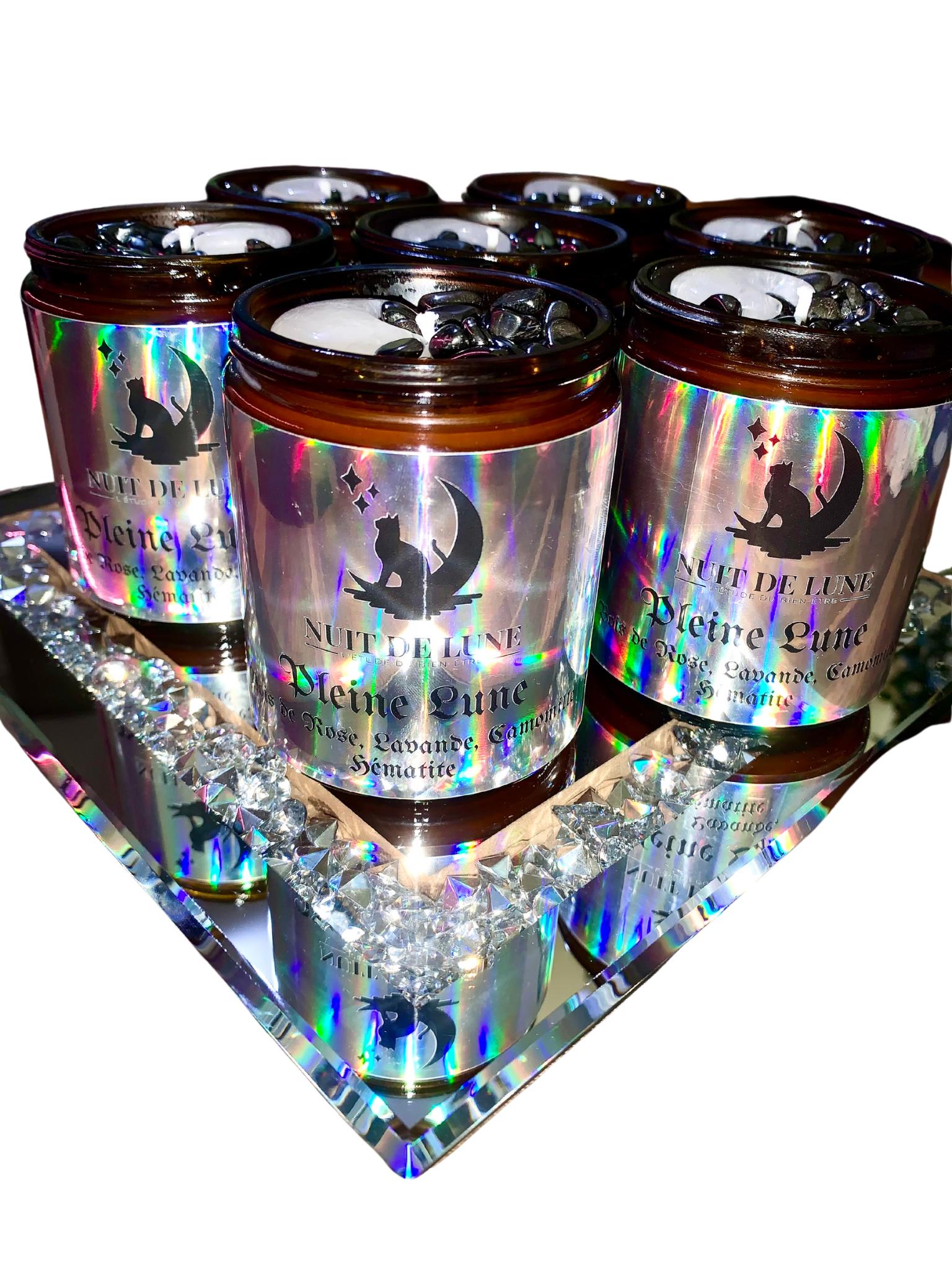 Bougie de luxe artisanale parfumée relaxante aux cristaux PLEINE LUNE Lavande, Bois de Rose, Camomille, Hématite