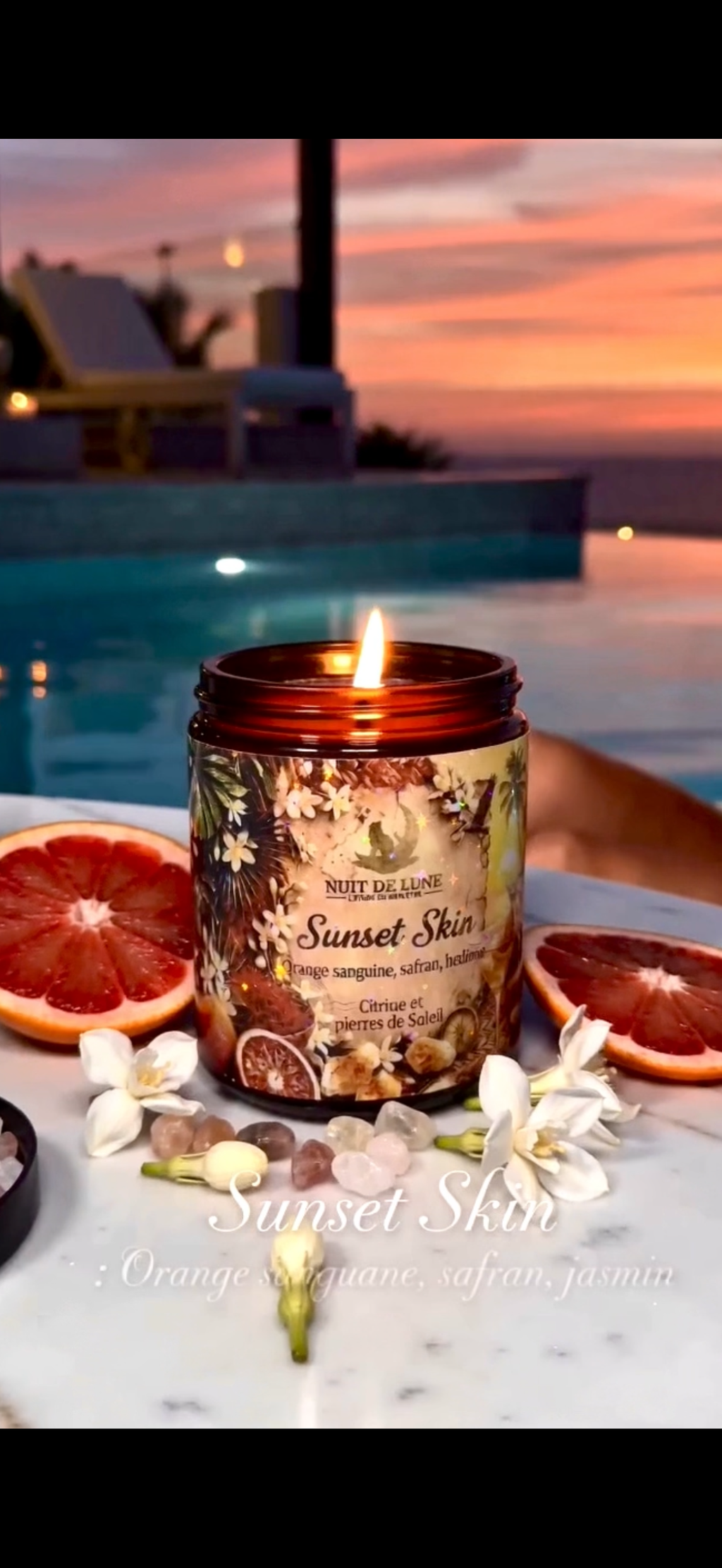 Bougie de luxe artisanale aux cristaux SUNSET SKIN Orange sanguine, Safran, Hedione