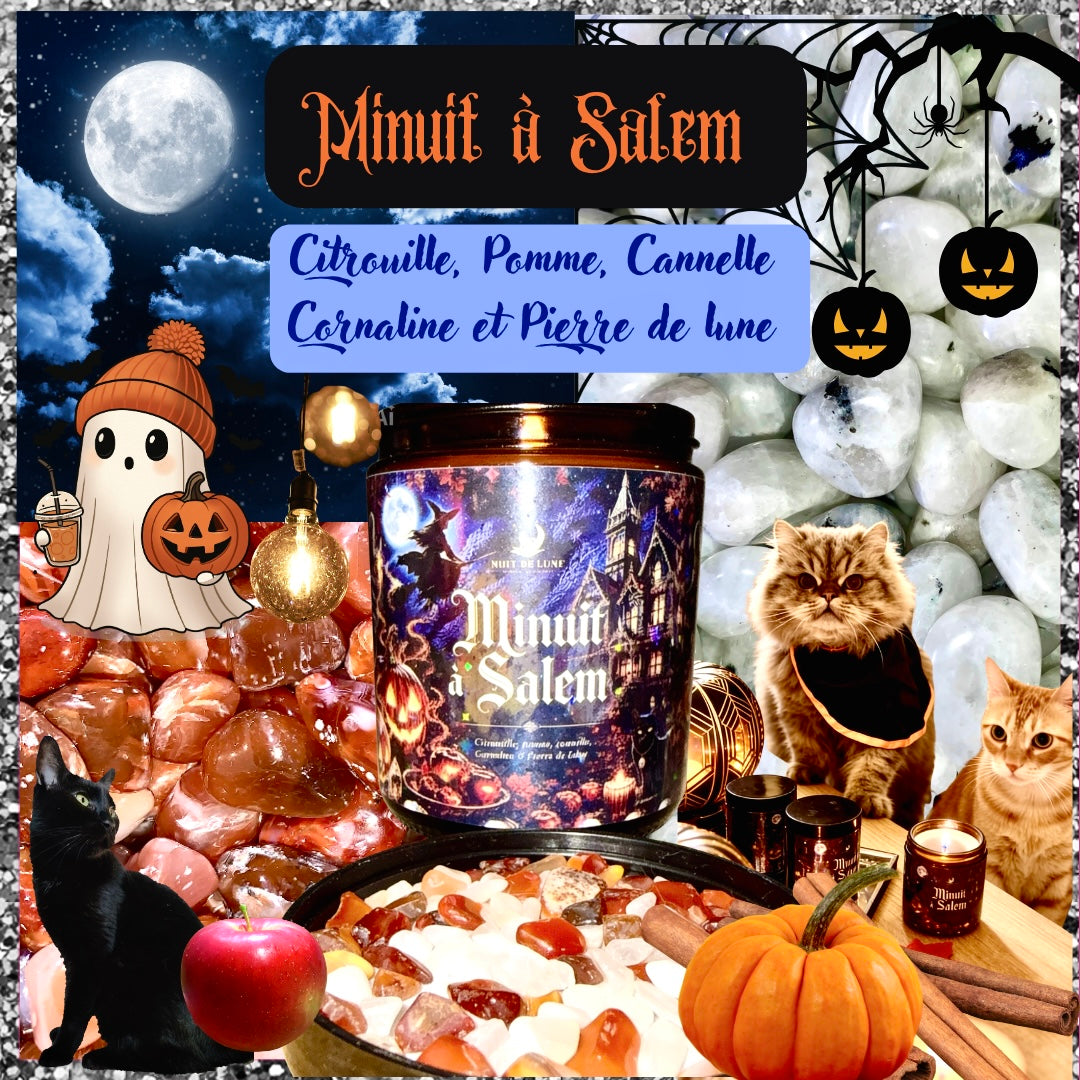 Bougie de luxe artisanale aux cristaux MINUIT À SALEM Citrouille Pomme Canelle Cornaline et Pierre de Lune