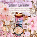 bougie de luxe artisanale aux cristaux LICORNE ENCHANTÉE Fleurs de Cerisier Sakura, Agate Fleur et Quartz Rose