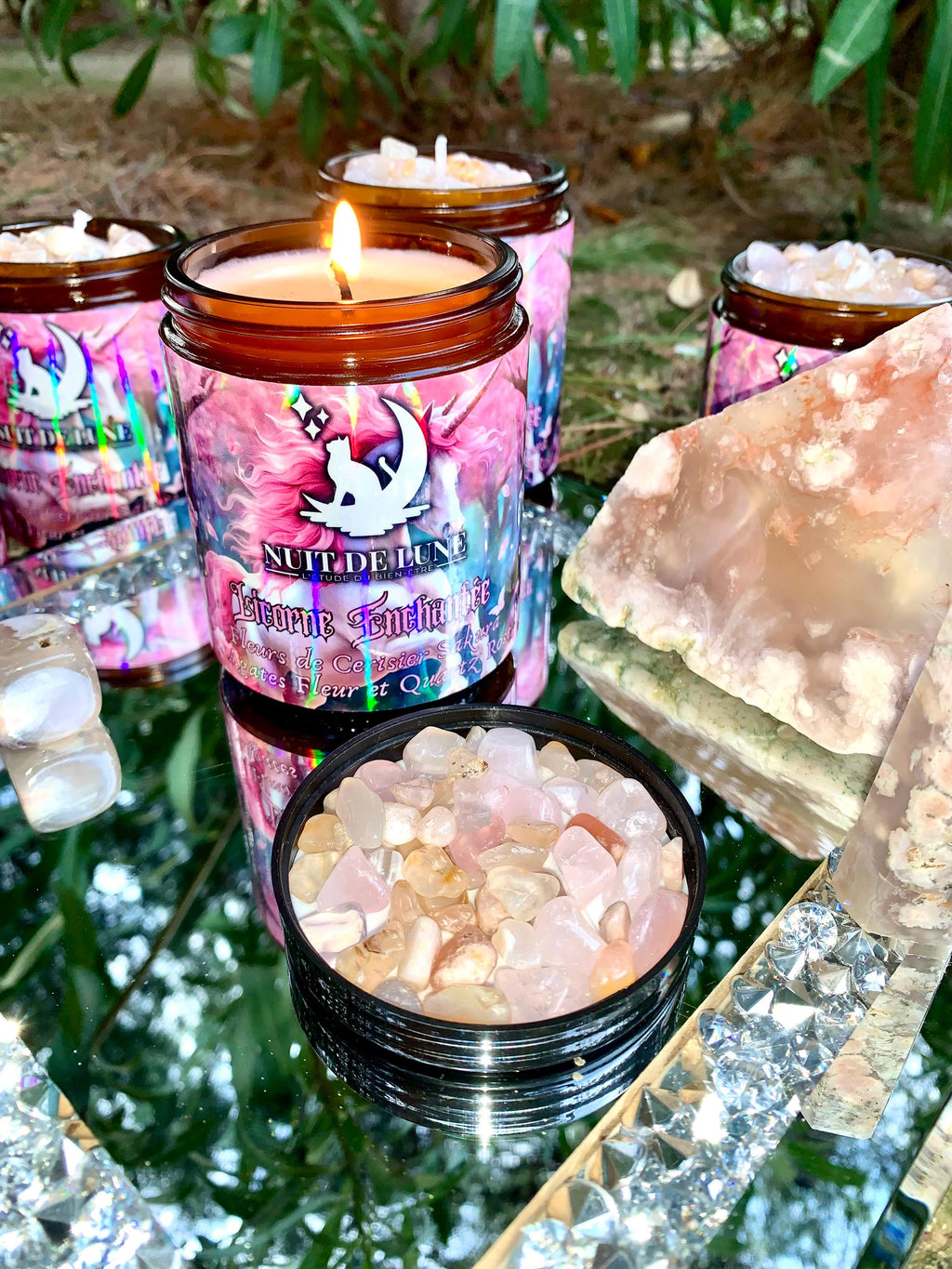bougie de luxe artisanale aux cristaux LICORNE ENCHANTÉE Fleurs de Cerisier Sakura, Agate Fleur et Quartz Rose