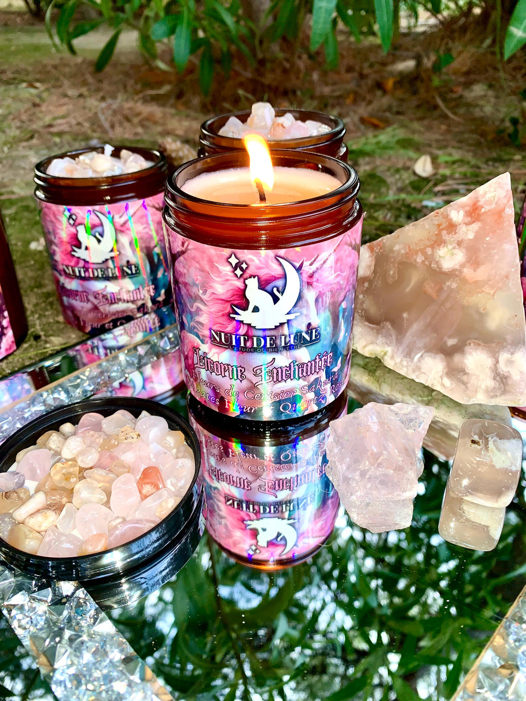 bougie de luxe artisanale aux cristaux LICORNE ENCHANTÉE Fleurs de Cerisier Sakura, Agate Fleur et Quartz Rose