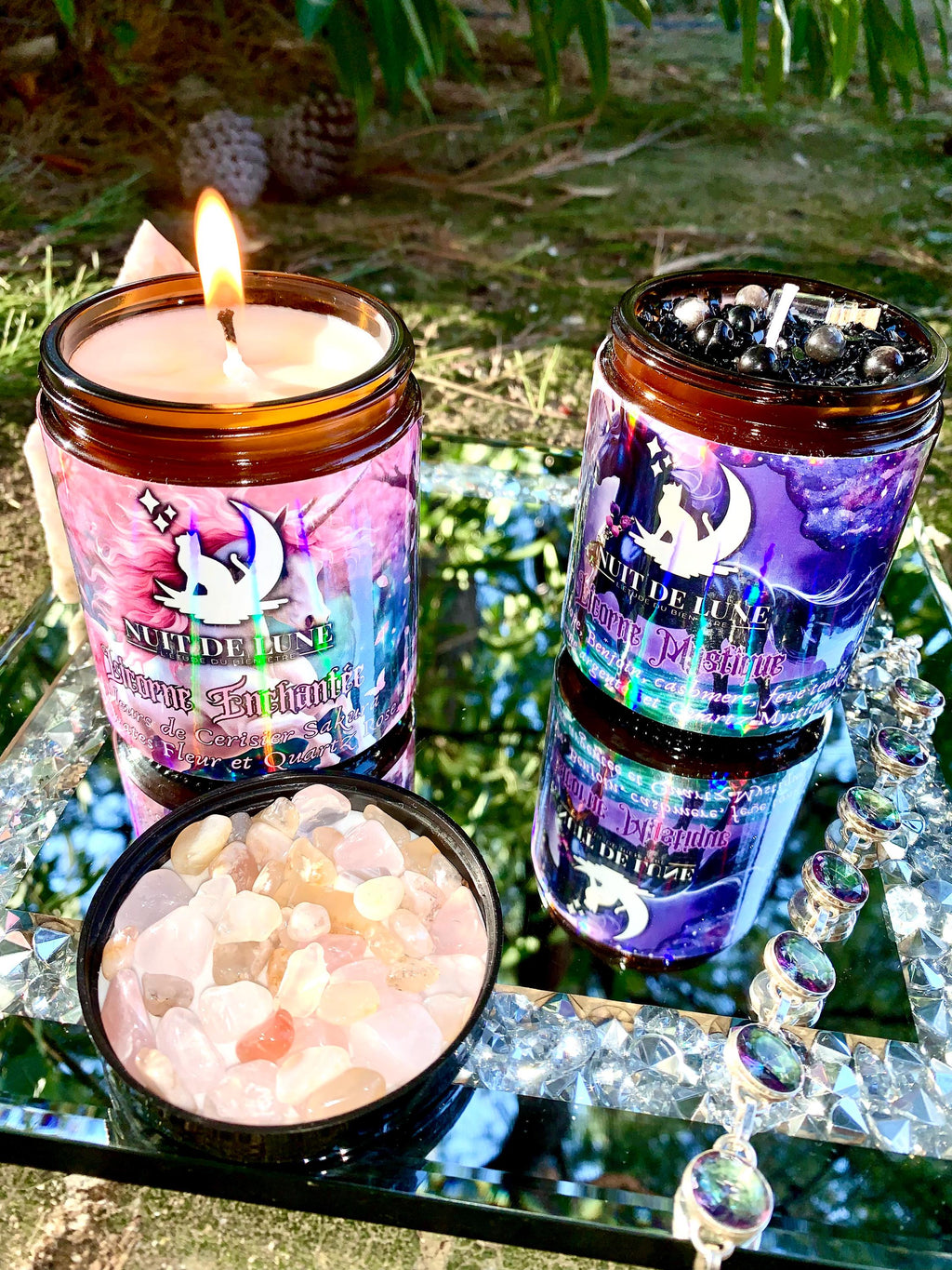 bougie de luxe artisanale aux cristaux LICORNE ENCHANTÉE Fleurs de Cerisier Sakura, Agate Fleur et Quartz Rose