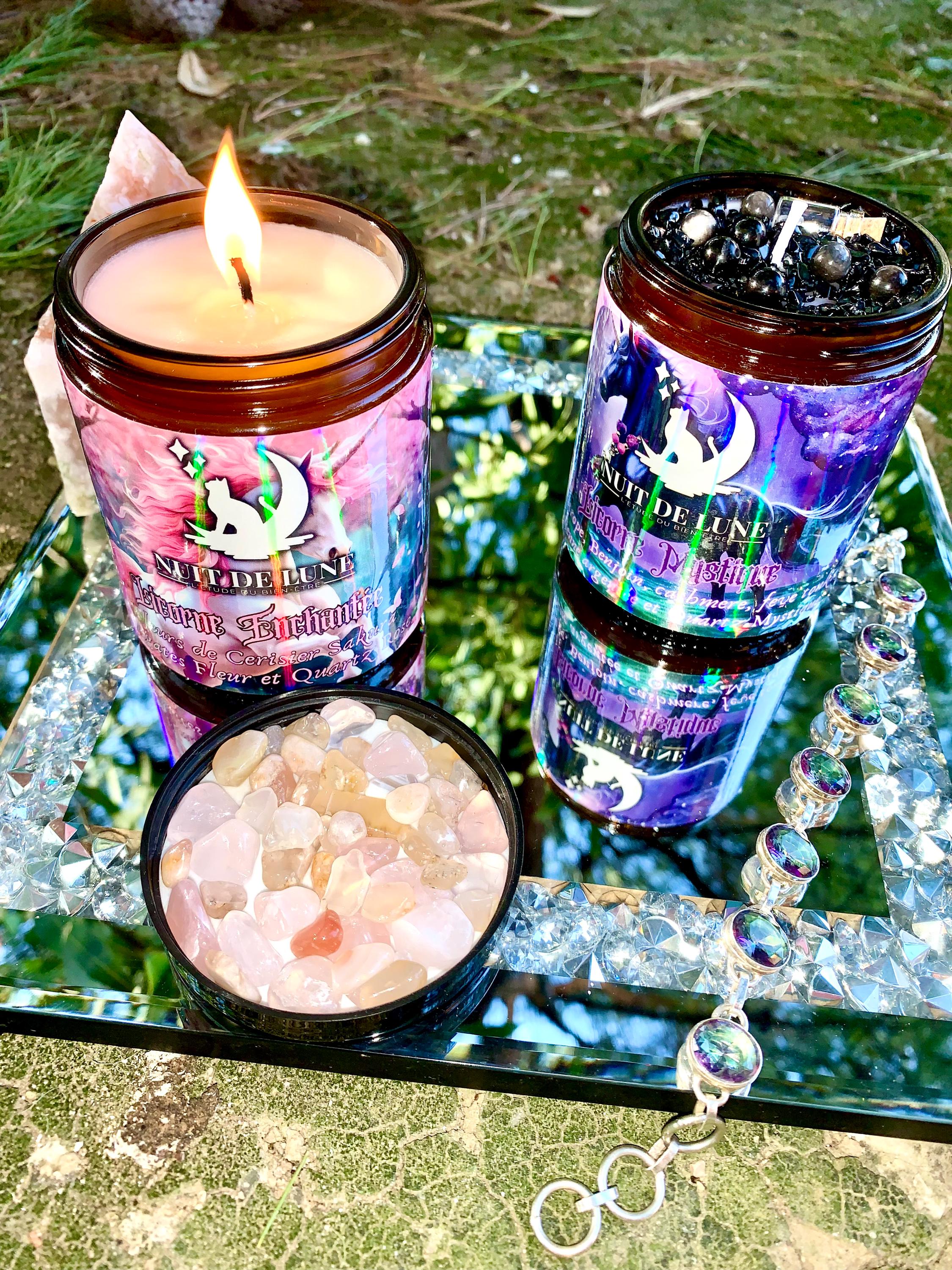 bougie de luxe artisanale aux cristaux LICORNE ENCHANTÉE Fleurs de Cerisier Sakura, Agate Fleur et Quartz Rose