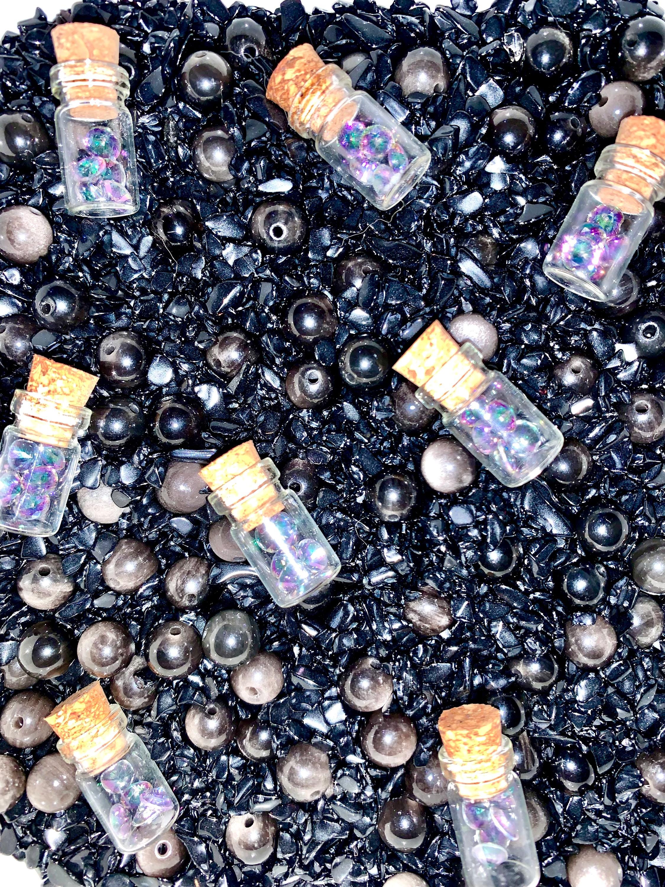 bougie de luxe artisanale aux cristaux LICORNE MYSTIQUE Papier d'Arménie, perles d'Obsidienne argentée et fiole de quartz Mystique