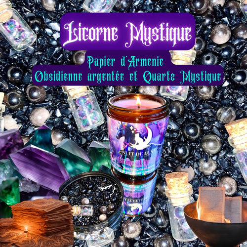 bougie de luxe artisanale aux cristaux LICORNE MYSTIQUE Papier d'Arménie, perles d'Obsidienne argentée et fiole de quartz Mystique