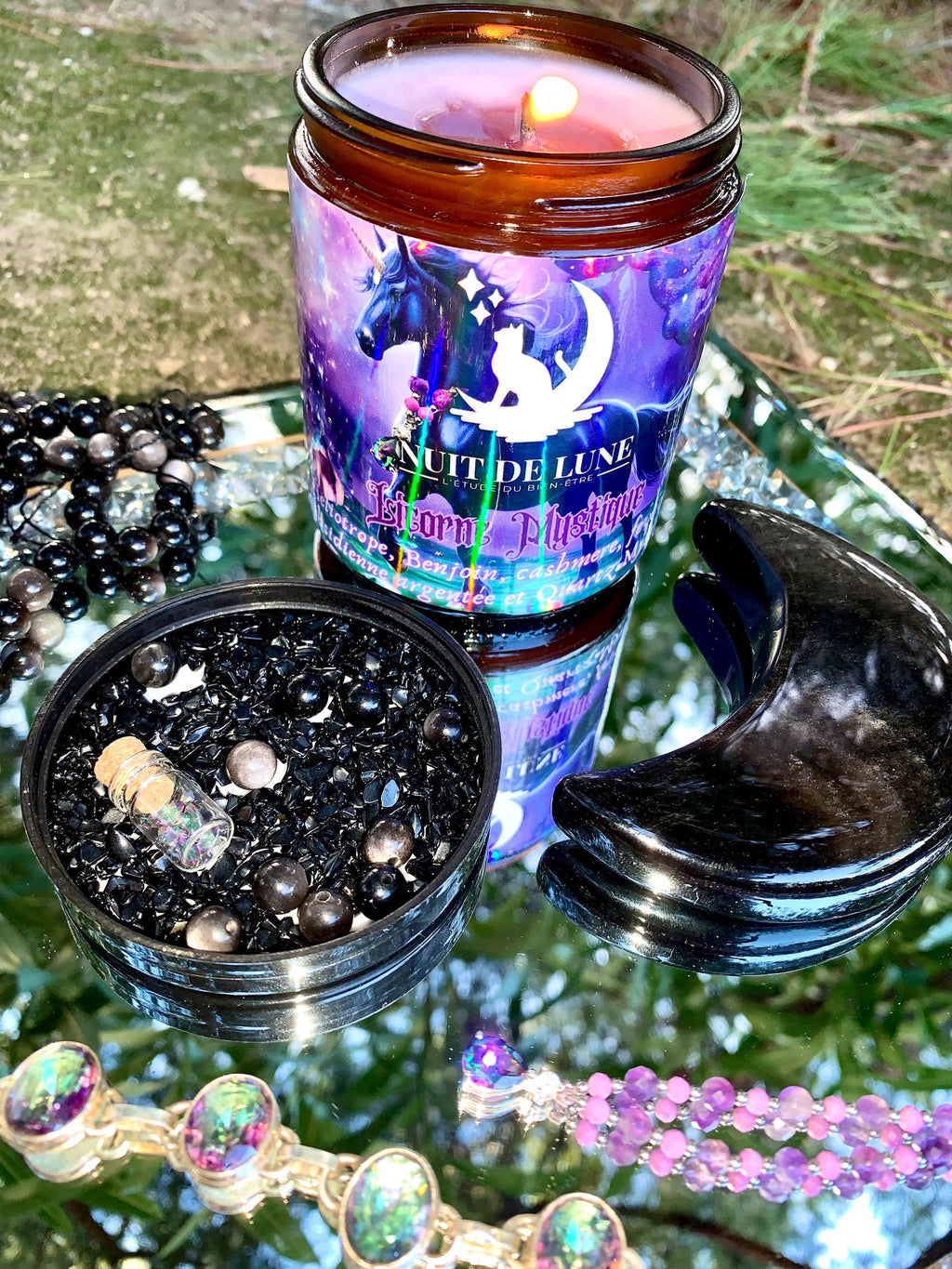 bougie de luxe artisanale aux cristaux LICORNE MYSTIQUE Papier d'Arménie, perles d'Obsidienne argentée et fiole de quartz Mystique