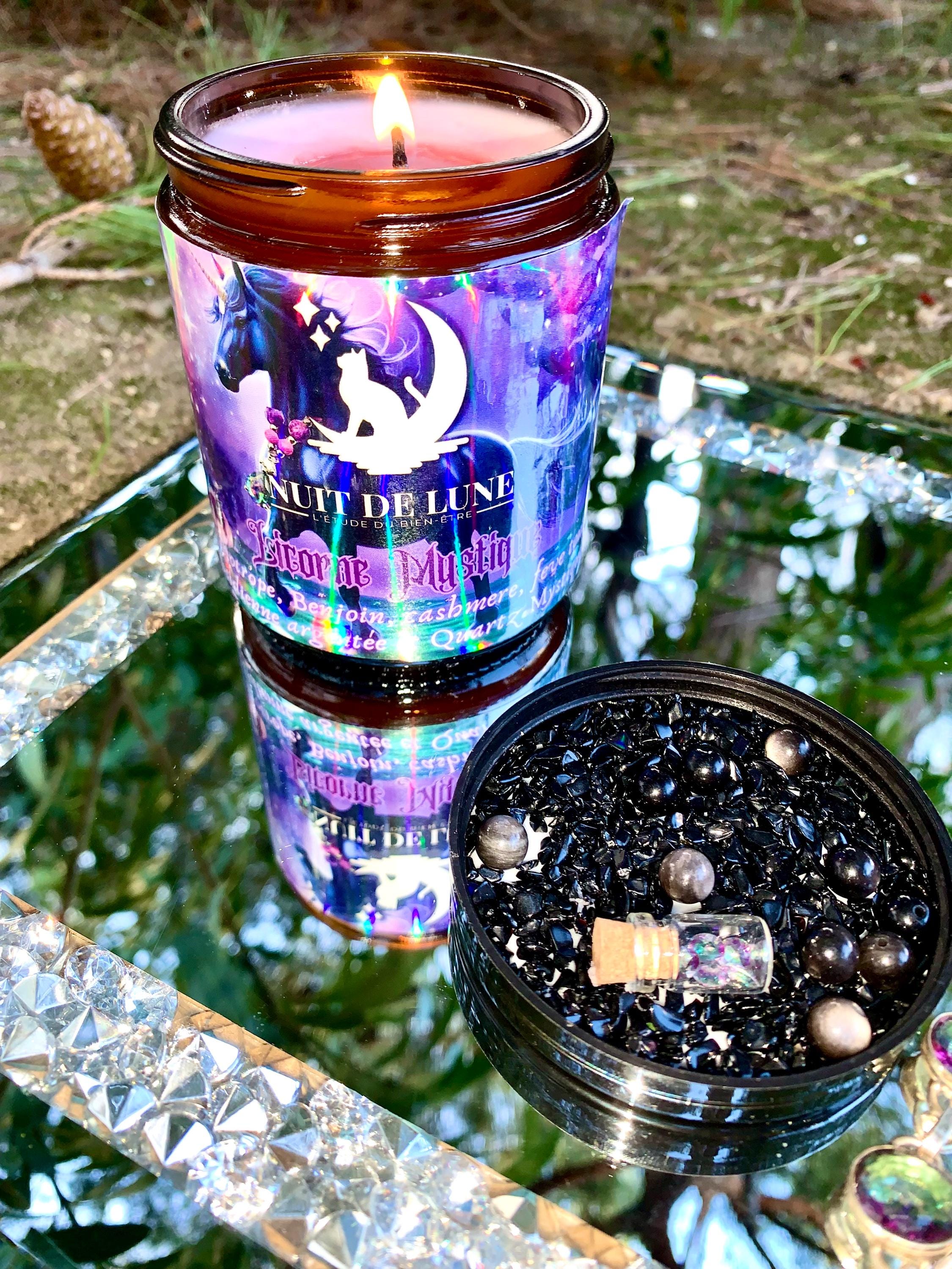 bougie de luxe artisanale aux cristaux LICORNE MYSTIQUE Papier d'Arménie, perles d'Obsidienne argentée et fiole de quartz Mystique
