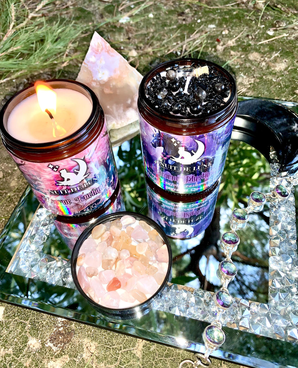 bougie de luxe artisanale aux cristaux LICORNE MYSTIQUE Papier d'Arménie, perles d'Obsidienne argentée et fiole de quartz Mystique