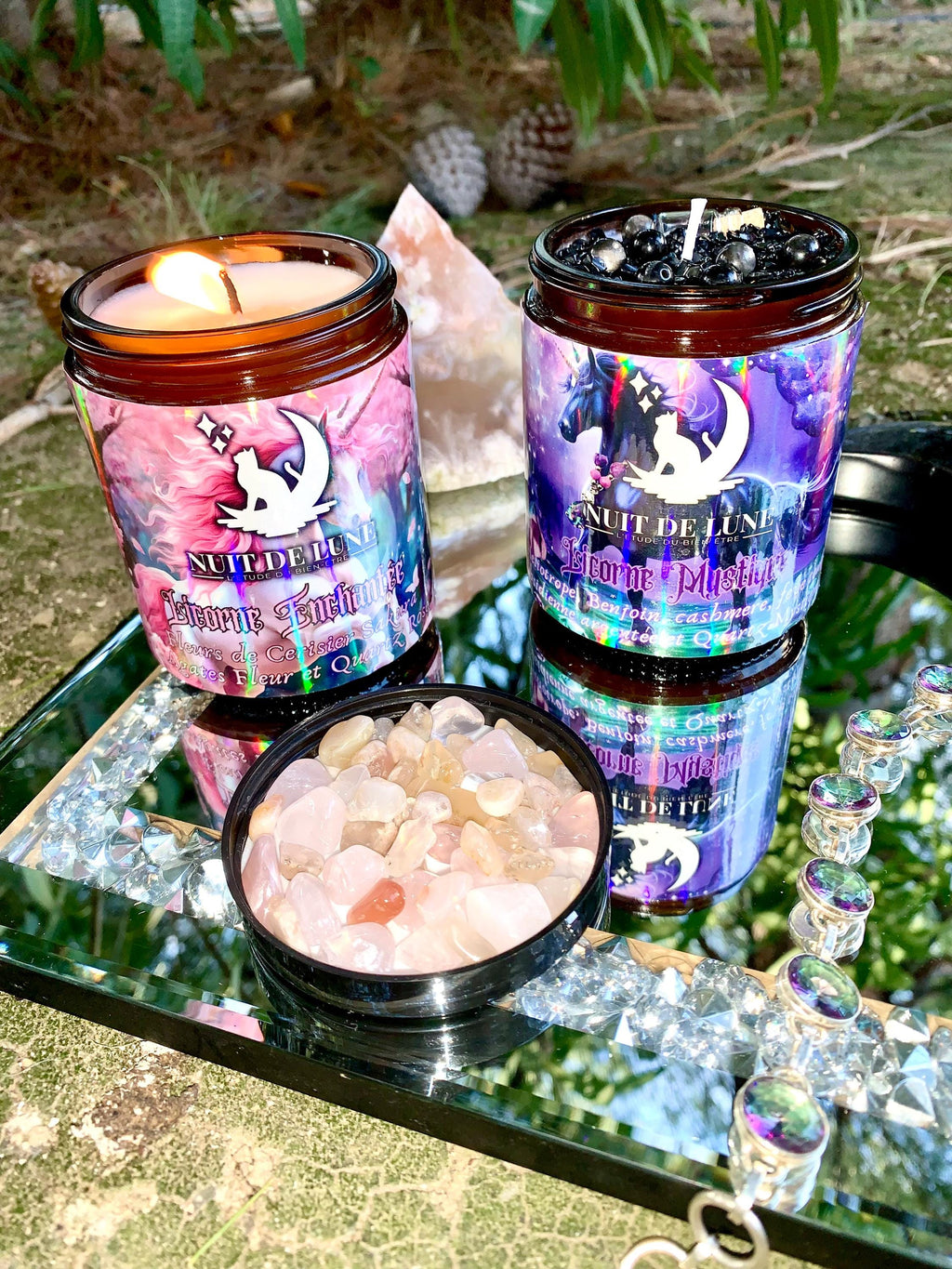 bougie de luxe artisanale aux cristaux LICORNE MYSTIQUE Papier d'Arménie, perles d'Obsidienne argentée et fiole de quartz Mystique