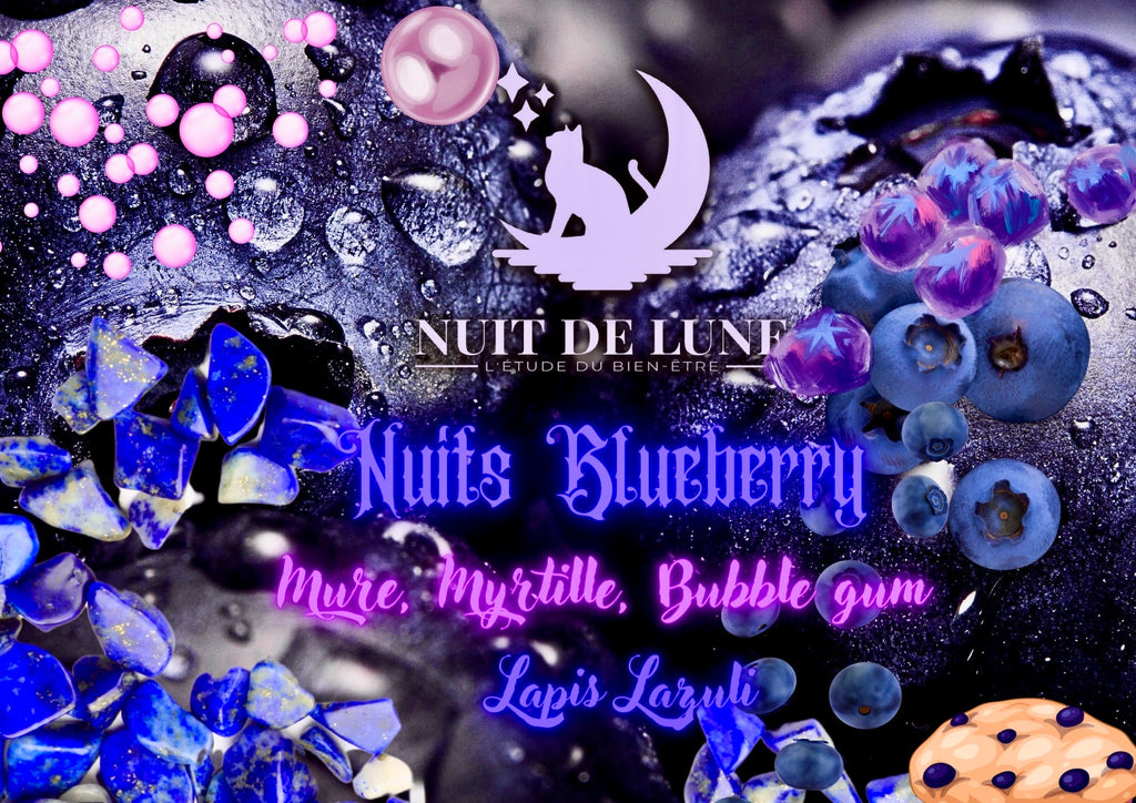 bougie de luxe artisanale bleue aux cristaux fruitée NUITS BLUEBERRY Mûres, Myrtilles, Bubble Gum, cire bleu et Lapis Lazuli
