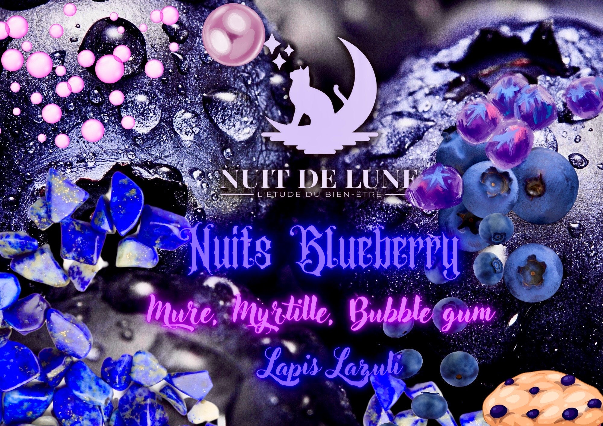 bougie de luxe artisanale bleue aux cristaux fruitée NUITS BLUEBERRY Mûres, Myrtilles, Bubble Gum, cire bleu et Lapis Lazuli