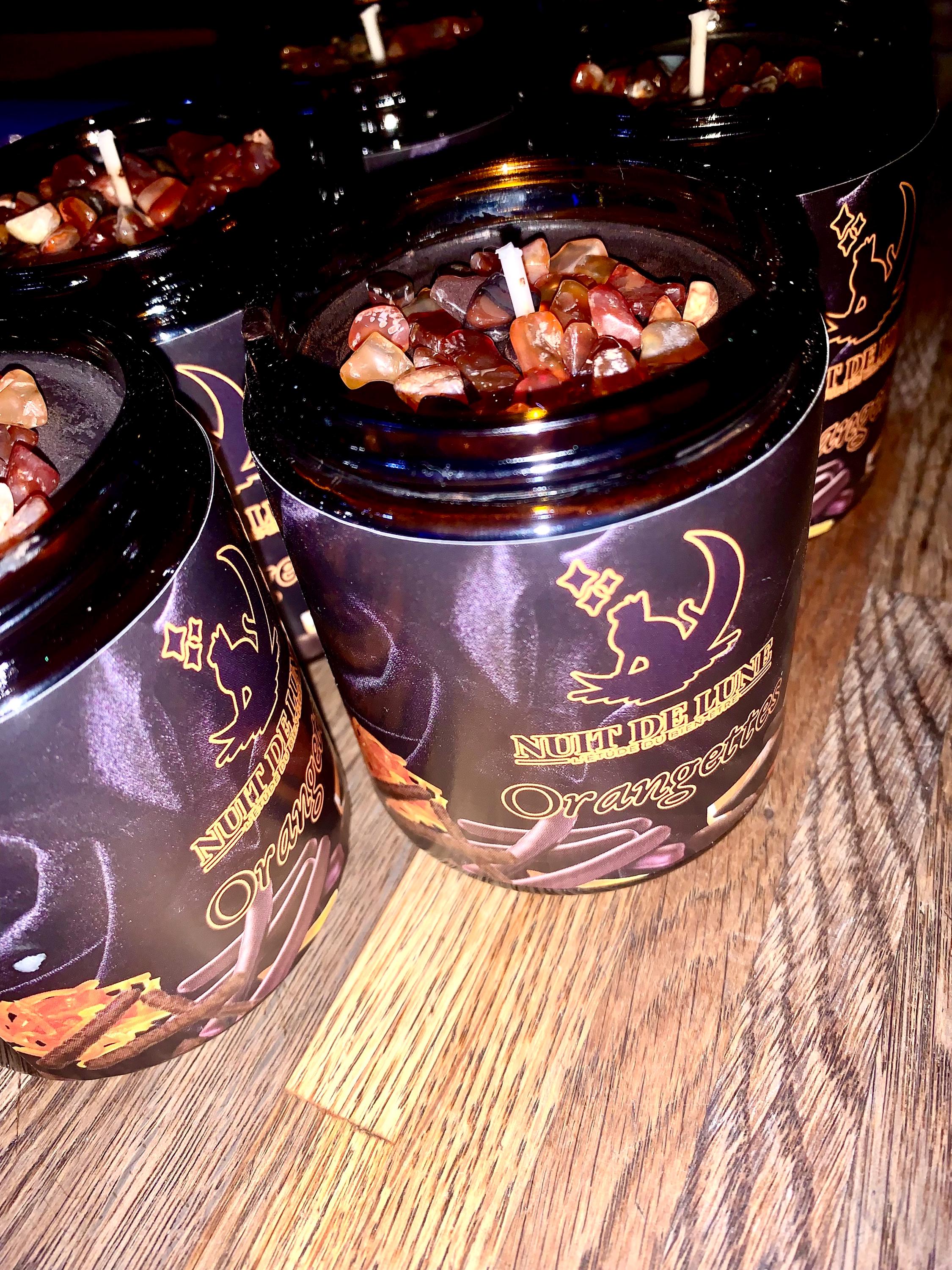 bougie de luxe artisanale parfumée Noël ORANGETTES Caramel, Chocolat, Orange, Miel, cire couleur chocolat