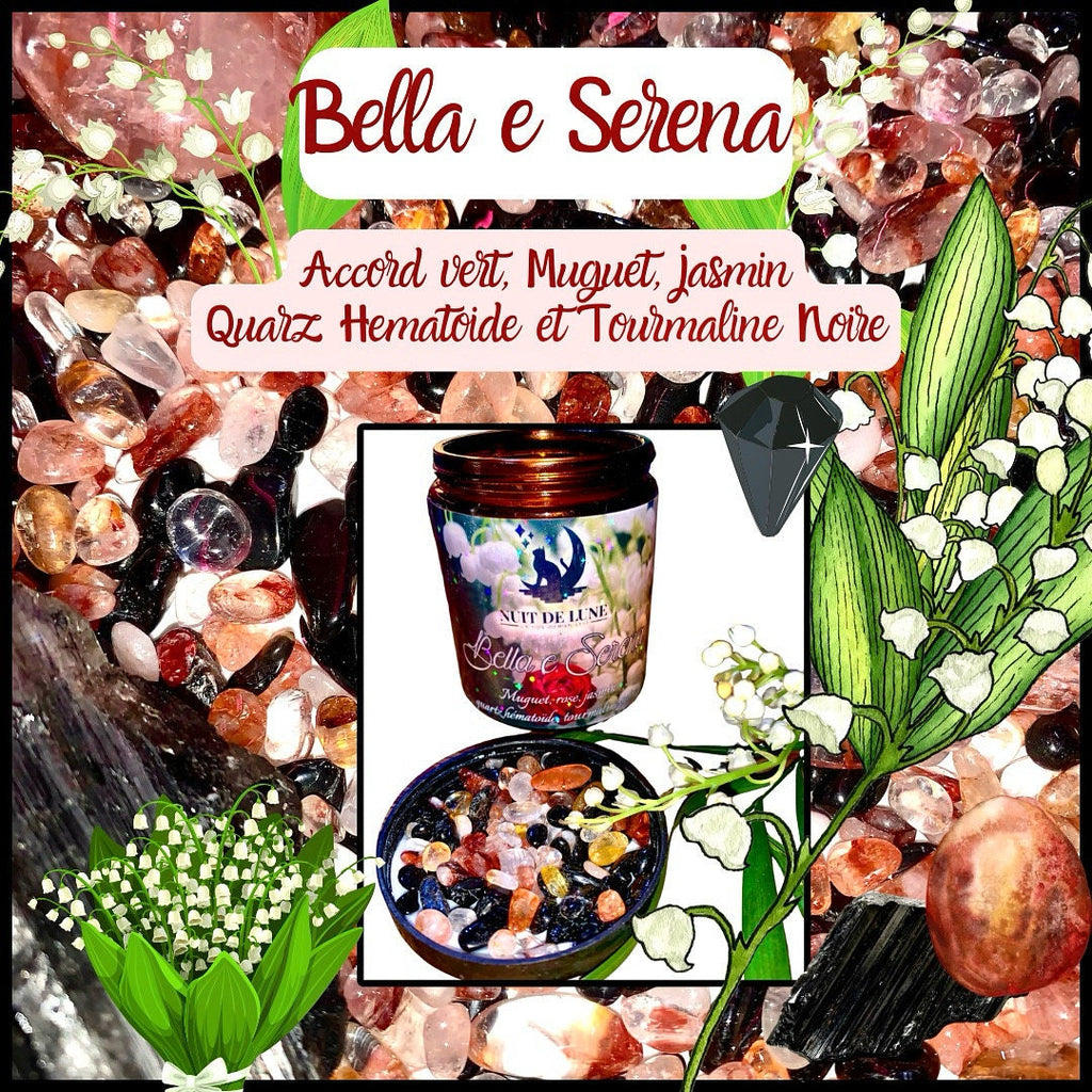 bougie de luxe artisanale parfumée aux cristaux Muguet BELLLA E SERENA Accord Vert, Muguet, Rose, Jasmin, Q.Hematoide, tourmaline noire