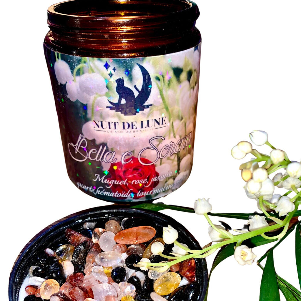 bougie de luxe artisanale parfumée aux cristaux Muguet BELLLA E SERENA Accord Vert, Muguet, Rose, Jasmin, Q.Hematoide, tourmaline noire