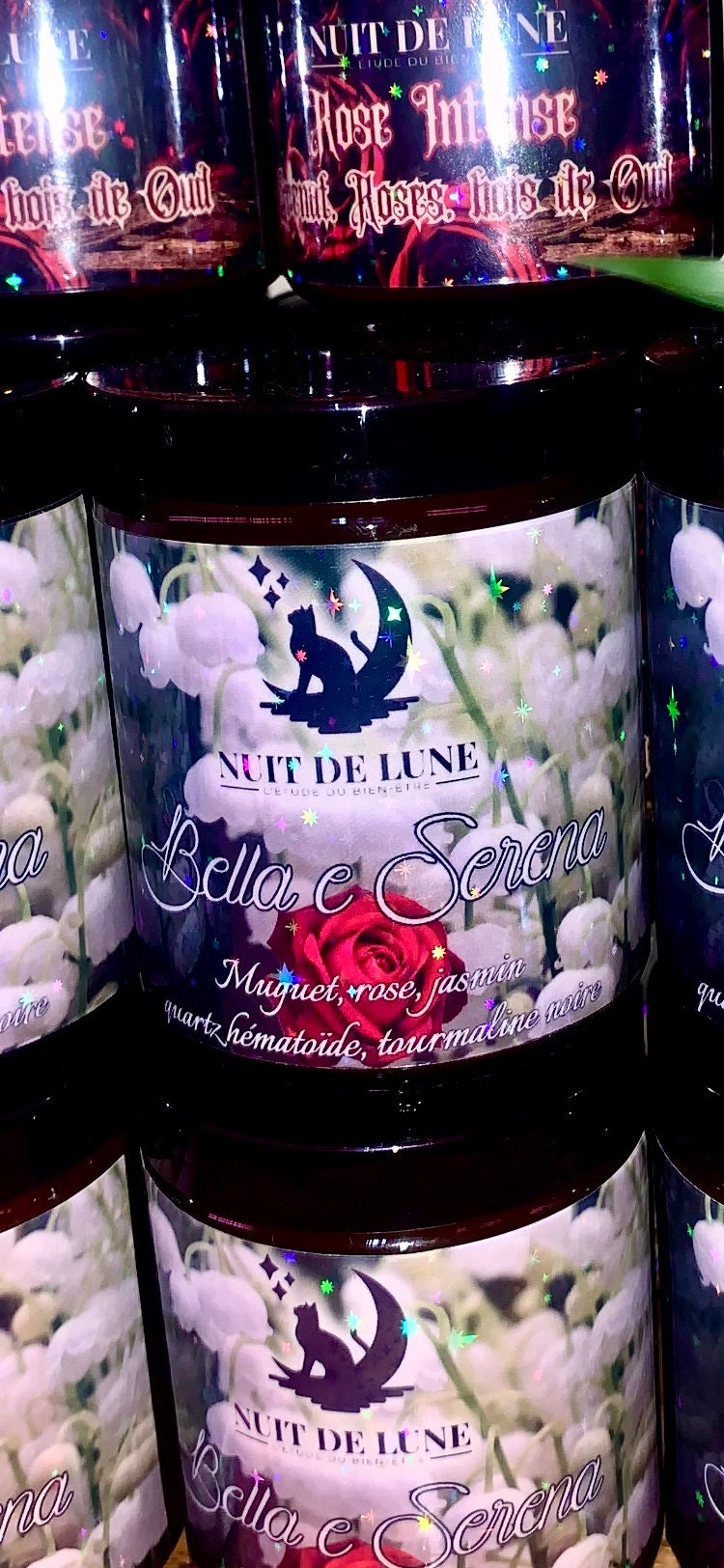 bougie de luxe artisanale parfumée aux cristaux Muguet BELLLA E SERENA Accord Vert, Muguet, Rose, Jasmin, Q.Hematoide, tourmaline noire