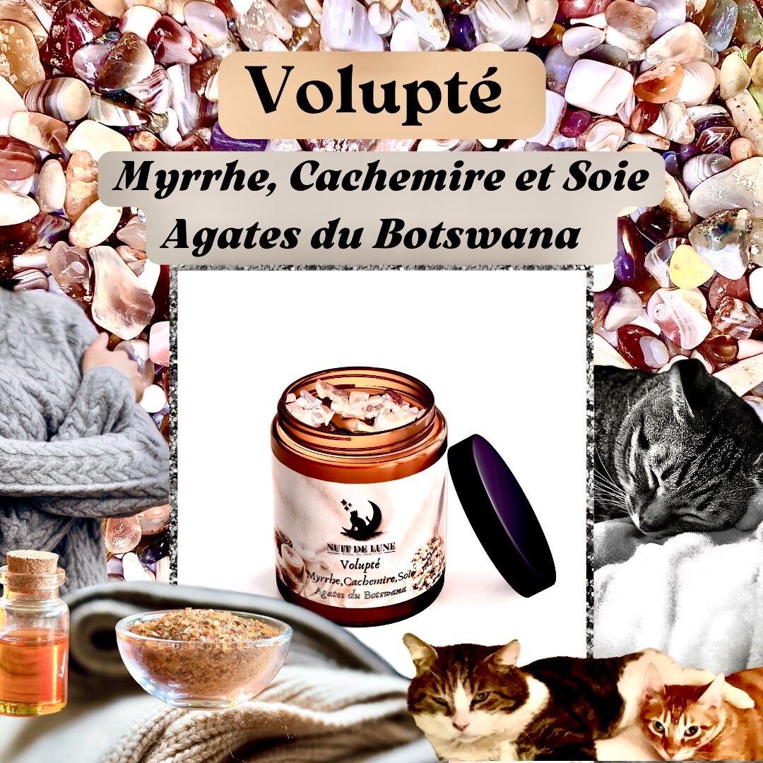 Bougie de luxe artisanale Nuit de Lune VOLUPTÉ Parfumée Myrrhe, Cashmere et soie et sa fiole d’Agates du Botswana