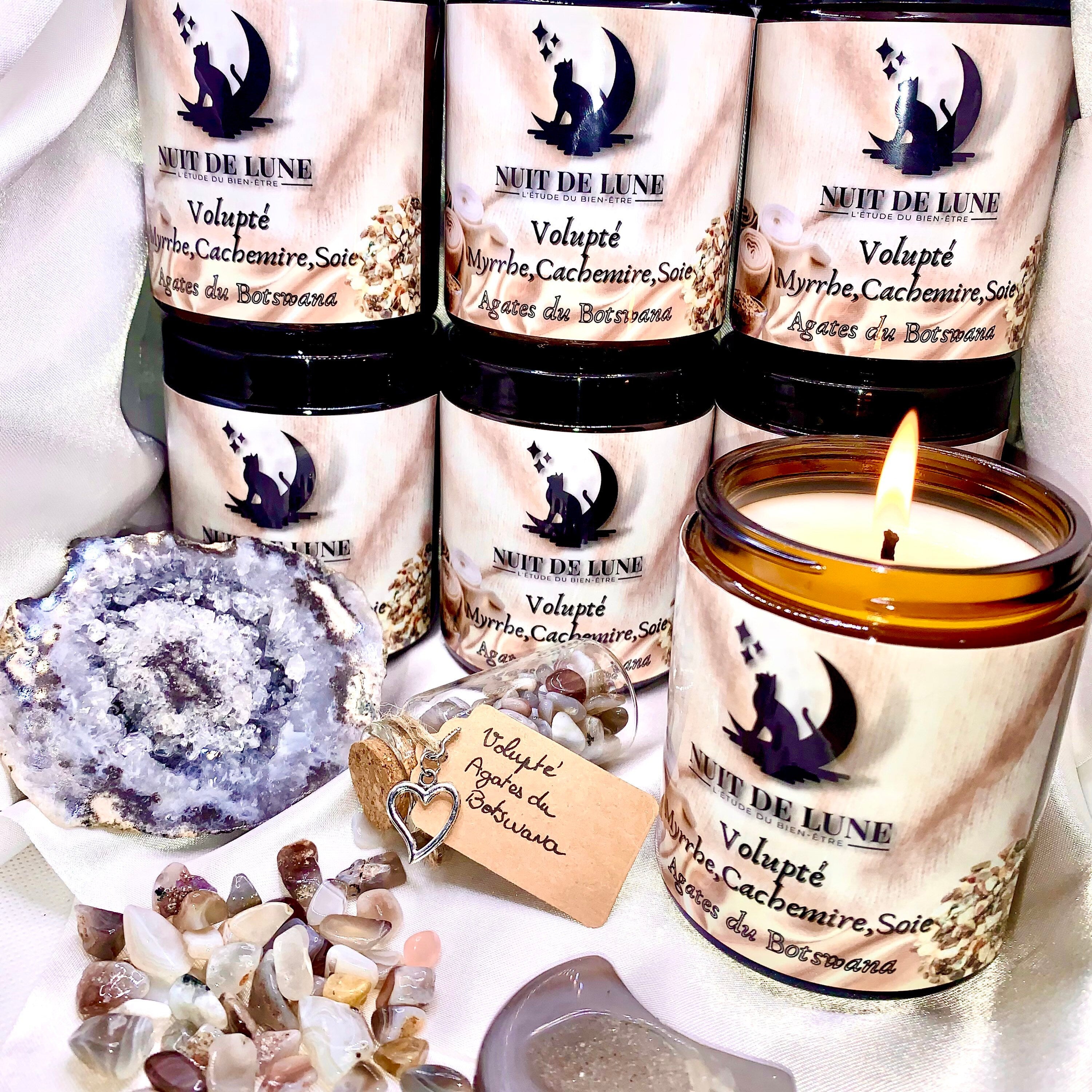 Bougie de luxe artisanale Nuit de Lune VOLUPTÉ Parfumée Myrrhe, Cashmere et soie et sa fiole d’Agates du Botswana